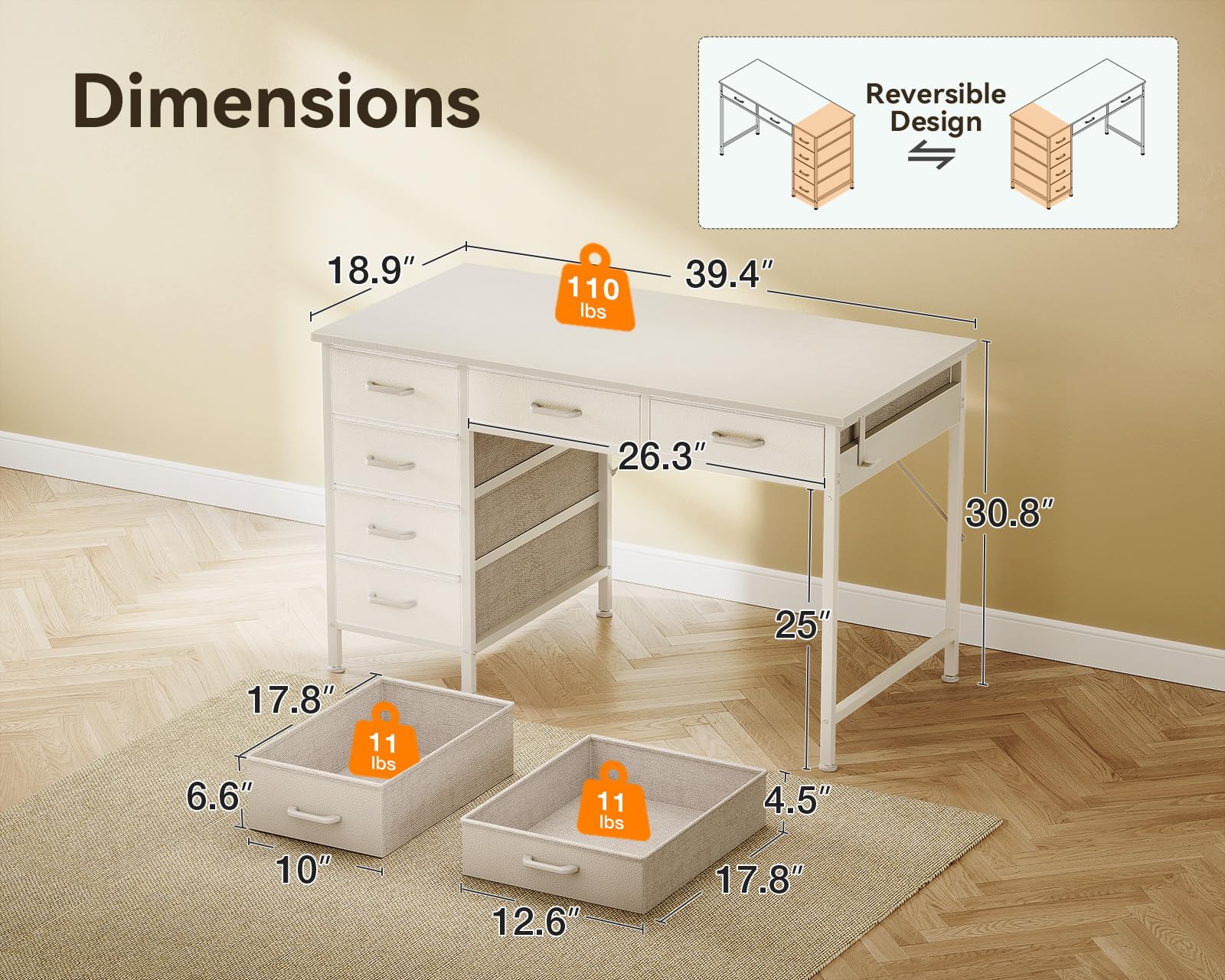 ODK 40 Inch Computer Desk with 6 Storage Drawers, Reversible Small Office Desk with Headphone Hook - White Study Table for Home Office, Bedroom & Small Spaces - Perfect for Remote Work, Gaming & Online Learning