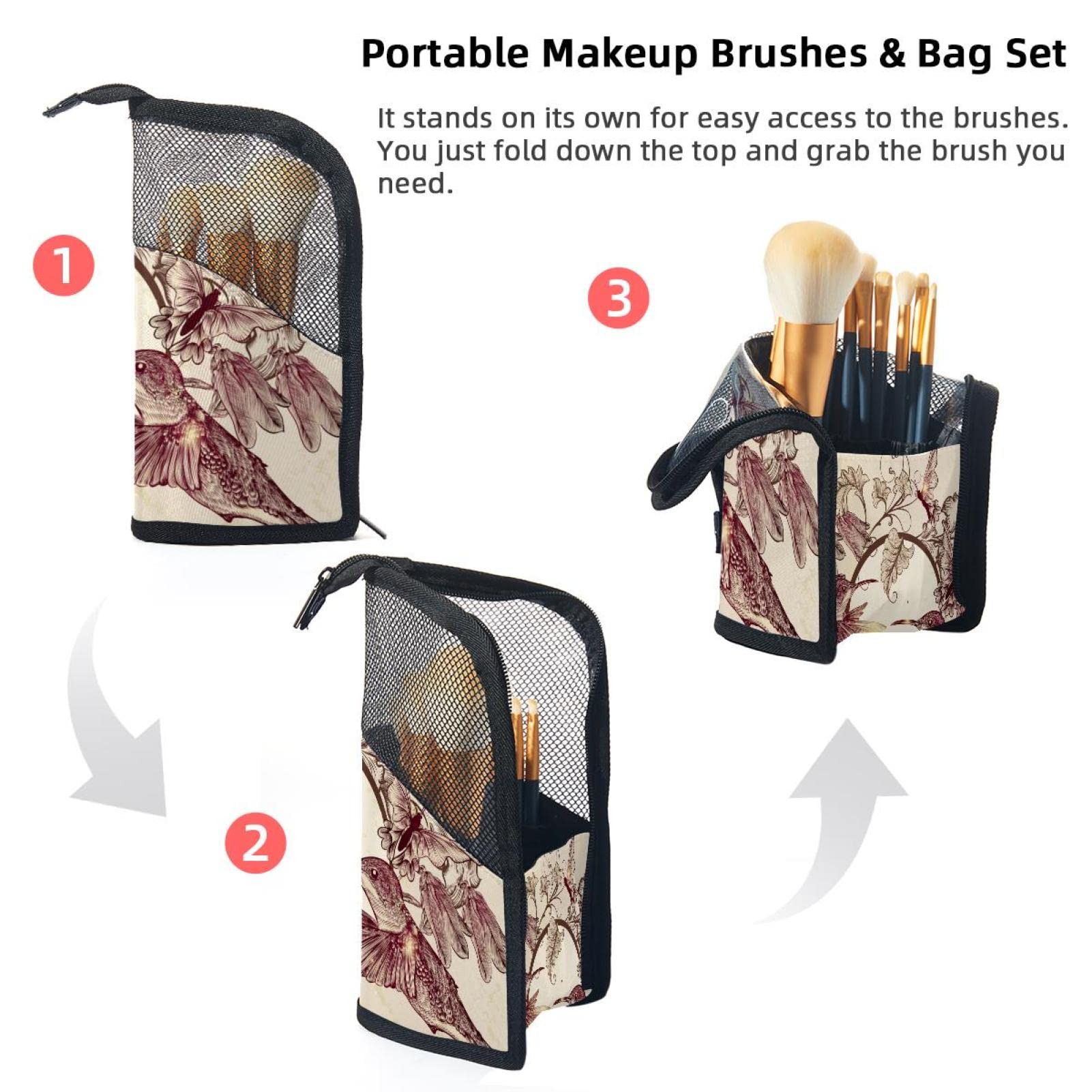 12-Piece Makeup Brush Organizer Bag with Retro Floral Hummingbird Design - Portable Cosmetic Brush Holder Case for Travel & Home Storage