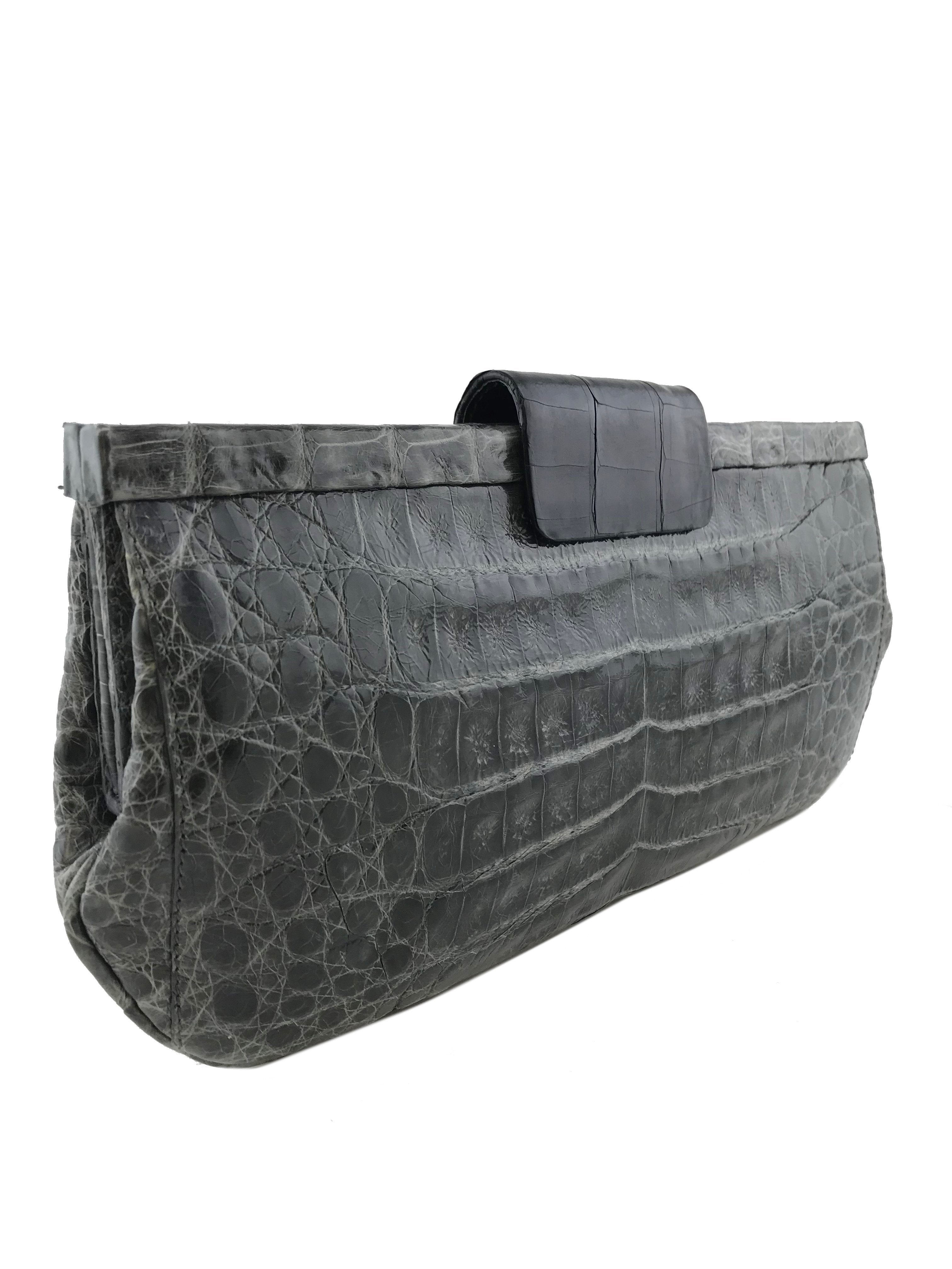 Nancy Gonzalez Shiny Crocodile Leather Clutch Bag - Elegant Frame Design for Evening Parties & Special Occasions