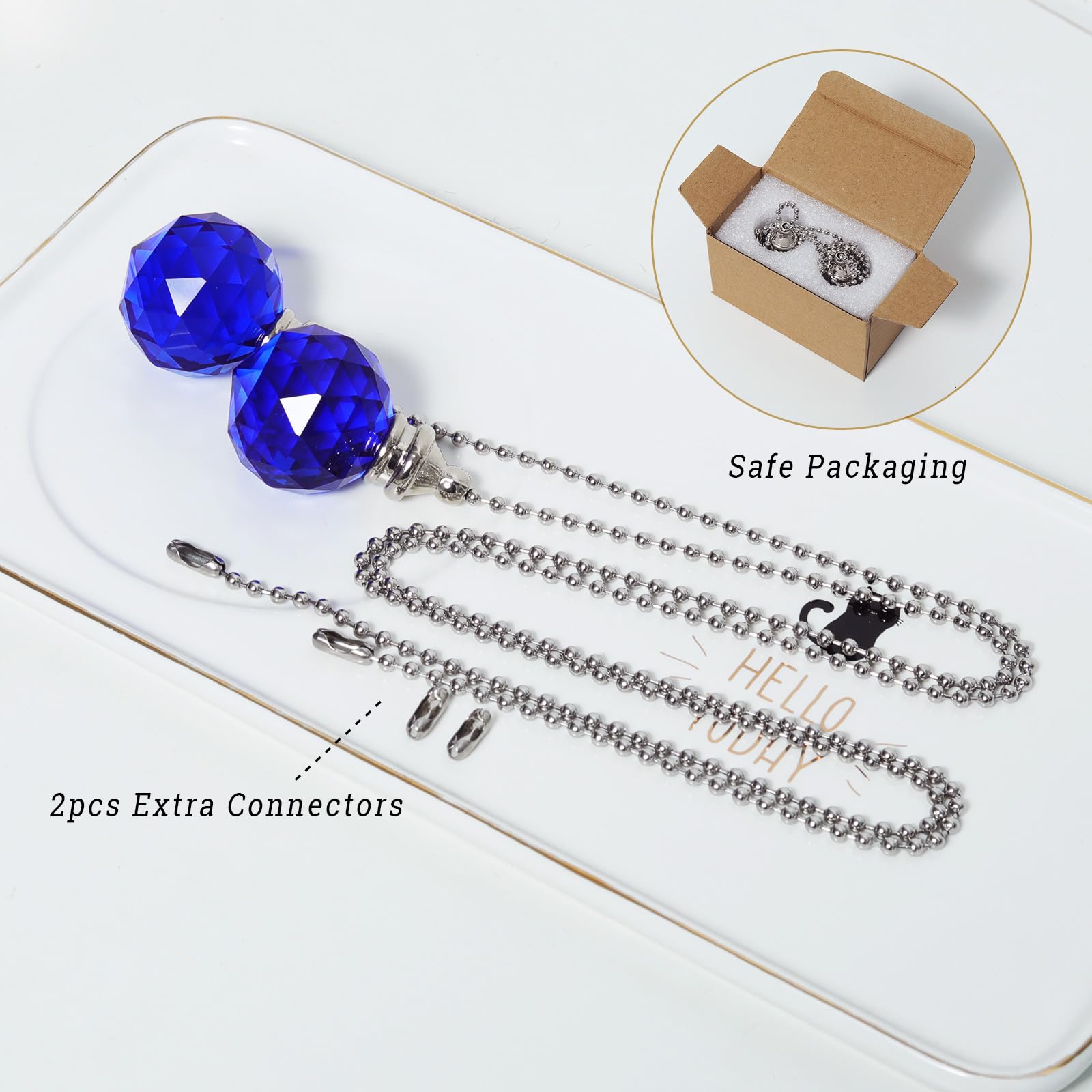 2PCS Blue Crystal Fan Pull Chain - 30mm Extension with Connector for Ceiling Light & Fan - Elegant Prism Ball Design for Home, Bedroom, Living Room Decor
