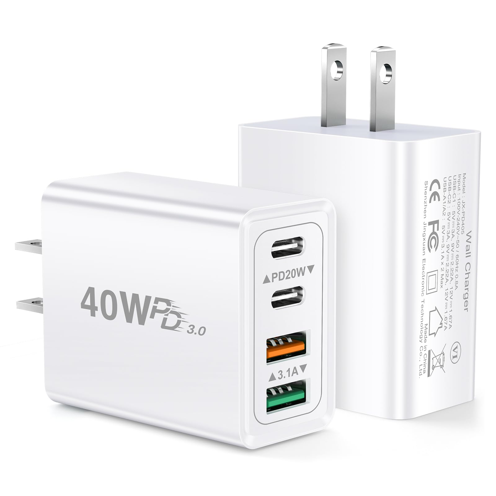 2 Pack 40W 4-Port USB C Fast Charger Block - Dual USB C Wall Charger Cube for iPhone 16/15/14/13/12 Pro Max/XS/XR/X, iPad, Samsung Galaxy S23/S22 - Perfect for Home, Office & Travel Charging