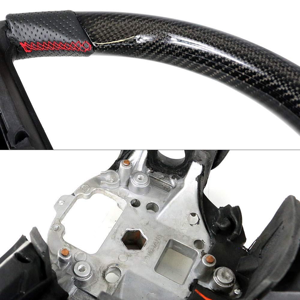 FREEMOTOR802 Carbon Fiber Racing Steering Wheel for 2010-2014 Ford Mustang - Perforated Leather with Red Stitching - Direct Replacement for Enhanced Grip & Sporty Driving Experience (Track Racing, Daily Commute, Car Enthusiast Upgrade)