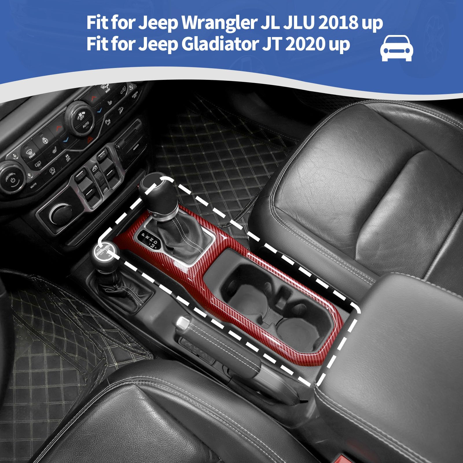 Jeep Wrangler JL JLU (2018+) & Gladiator JT (2020+) Gear Shift Cup Holder Panel Trim Cover - RT-TCZ Red Carbon Fiber Interior Accessories - Upgrade Your Off-Road Adventure & Daily Driving Style