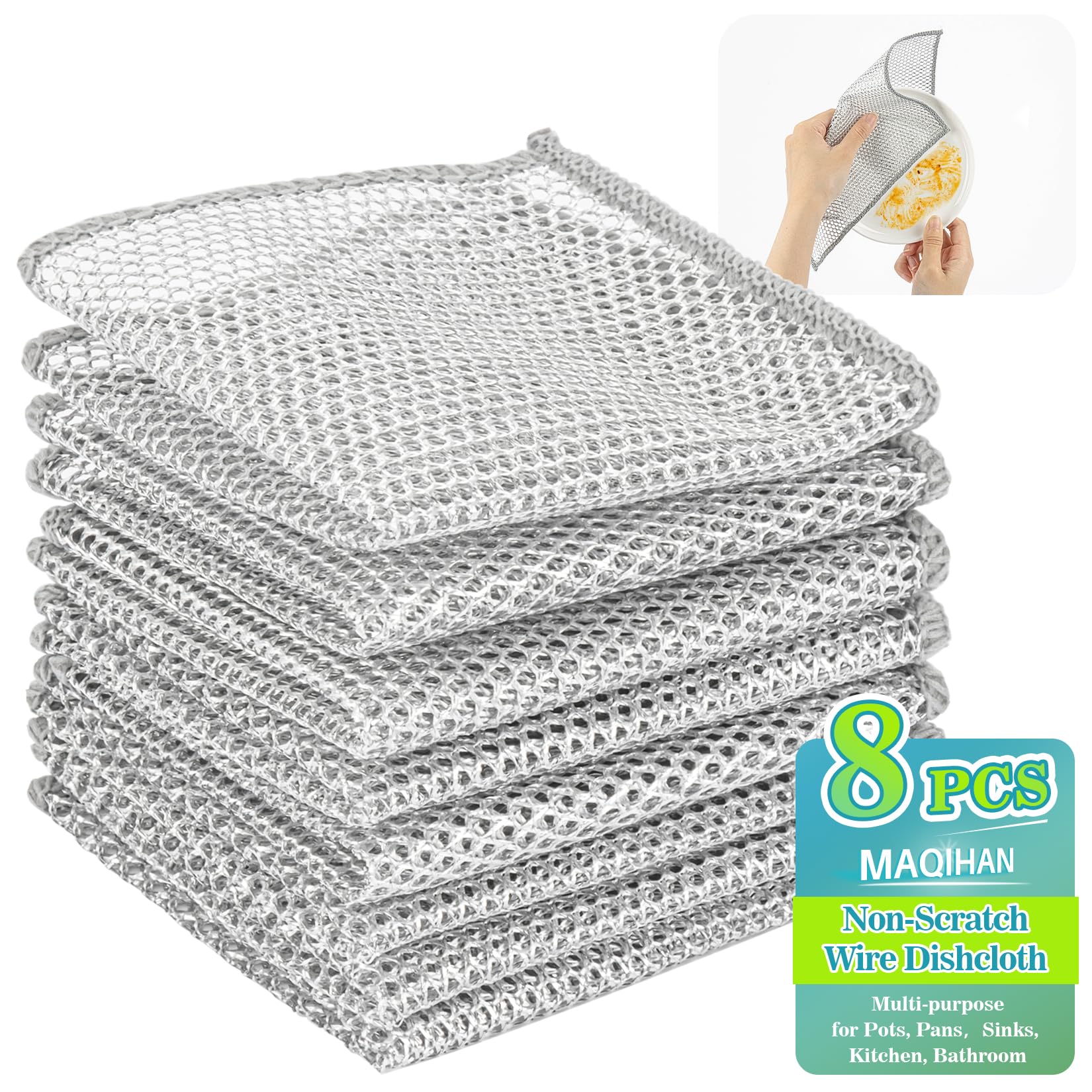 MAQIHAN Stainless Steel Scrubber - 8 Pack Multipurpose Non-Scratch Dish Cleaning Pads for Kitchen & Bathroom | Safe for Pots, Pans, Sinks, Ovens & Grills | Perfect for Tough Grease & Stubborn Stains | Wet & Dry Use for Deep Cleaning