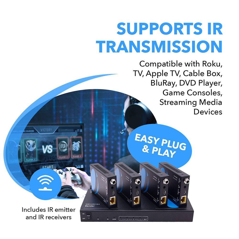 4K@60Hz 1x4 HDMI Extender Splitter with Loop - 115ft CAT6 Cable for Ultra HD 4K Video Distribution - Perfect for Home Theater, Gaming, and Conference Room Setups