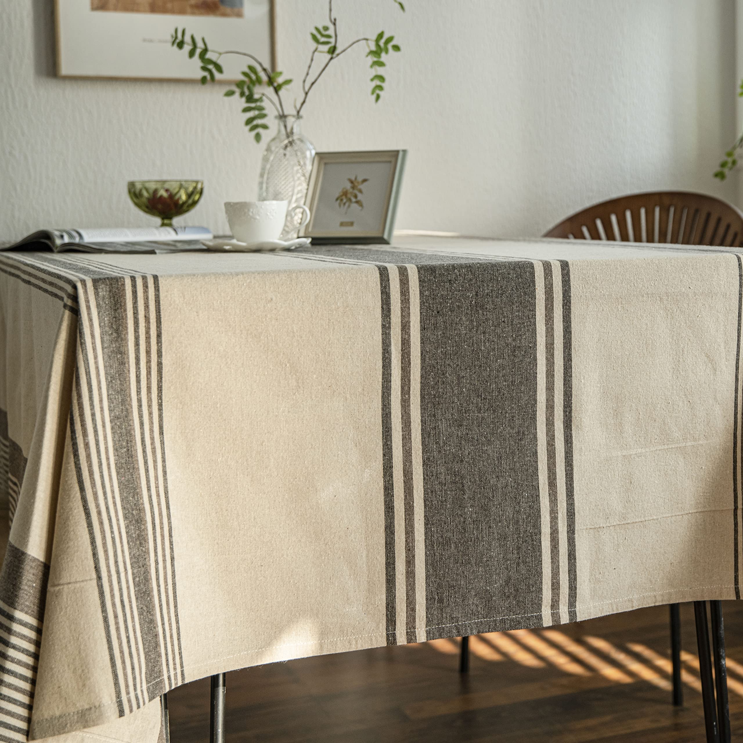ArtBud Heavy Duty Burlap Cotton Linen Tablecloth - Farmhouse Style Striped Rectangle Table Cover 55