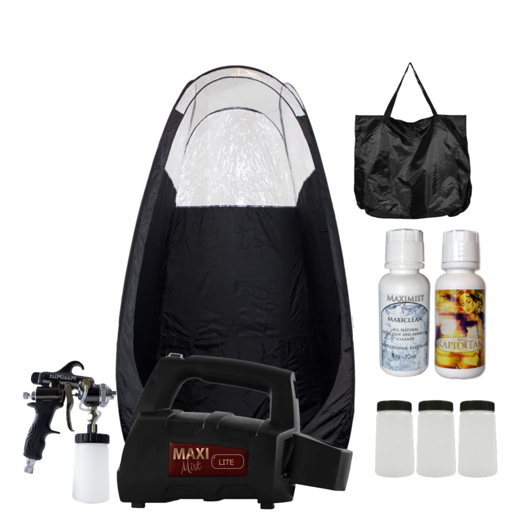 MaxiMist Lite Plus Pro Sunless Spray Tanning Kit with HVLP Airbrush & Black Tent - Professional Self Tanning Machine for Home or Salon Use - Perfect for Bridal Parties, Vacations & Special Events