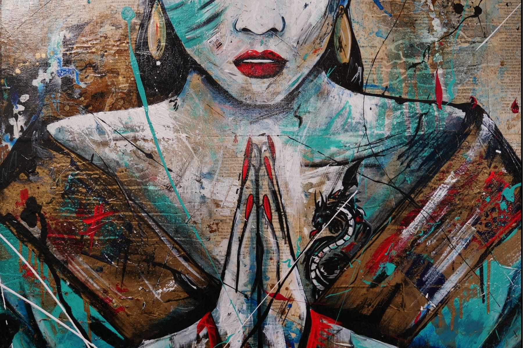 140cm x 100cm Hisui Jade Geisha Urban Pop Art Painting - Modern Home Decor for Living Room, Bedroom & Office - Perfect Gift for Book Club Members & Art Lovers