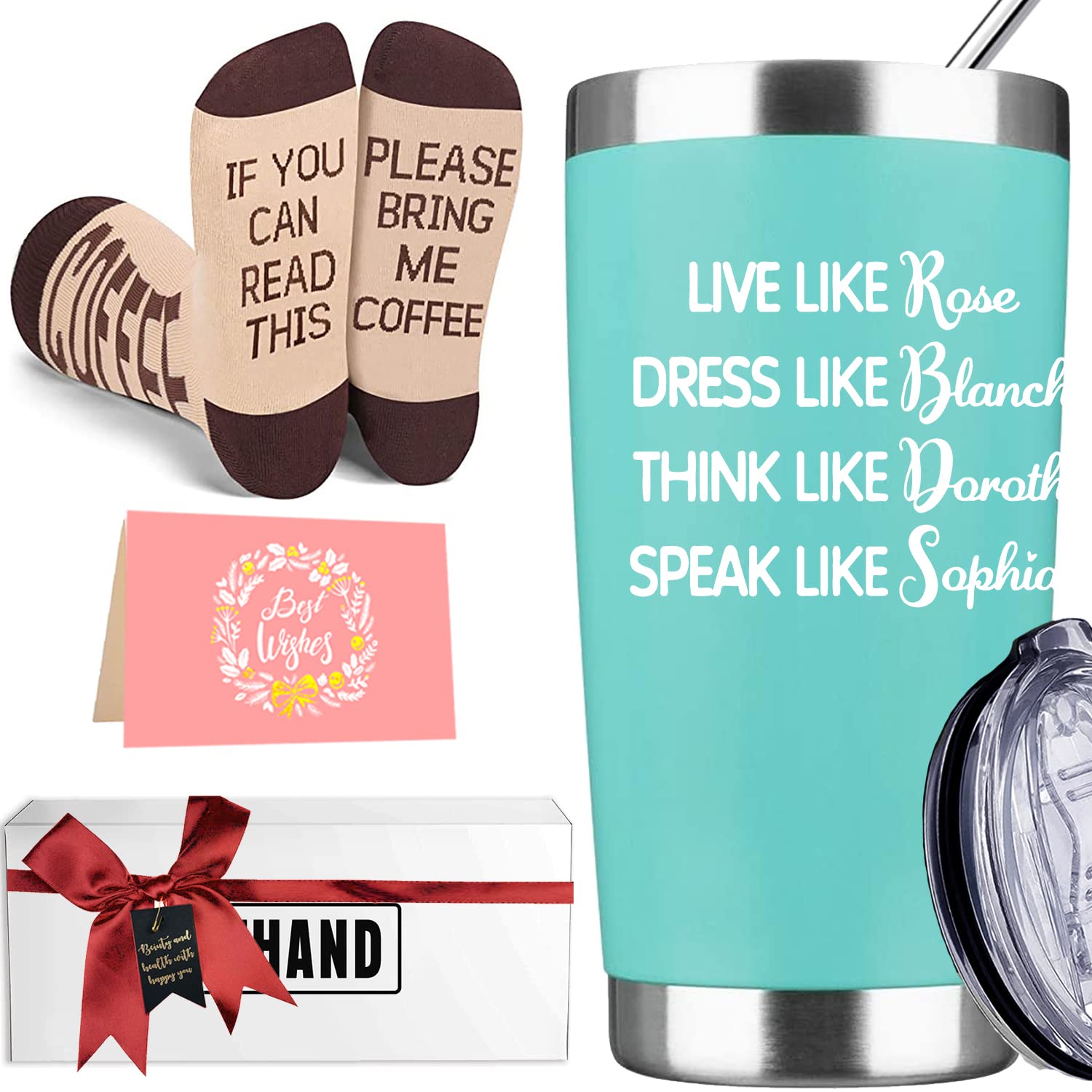 Golden Girls Merchandise Gifts for Women - Best Friend Birthday & Friendship Gift Set - Live Like Rose 20 oz Coffee Mug & Tumbler Cup with Lid & Straw - Perfect for Wife, Mom, Coworkers, Daughter, Sister - Ideal for Office, Home, or Travel Use