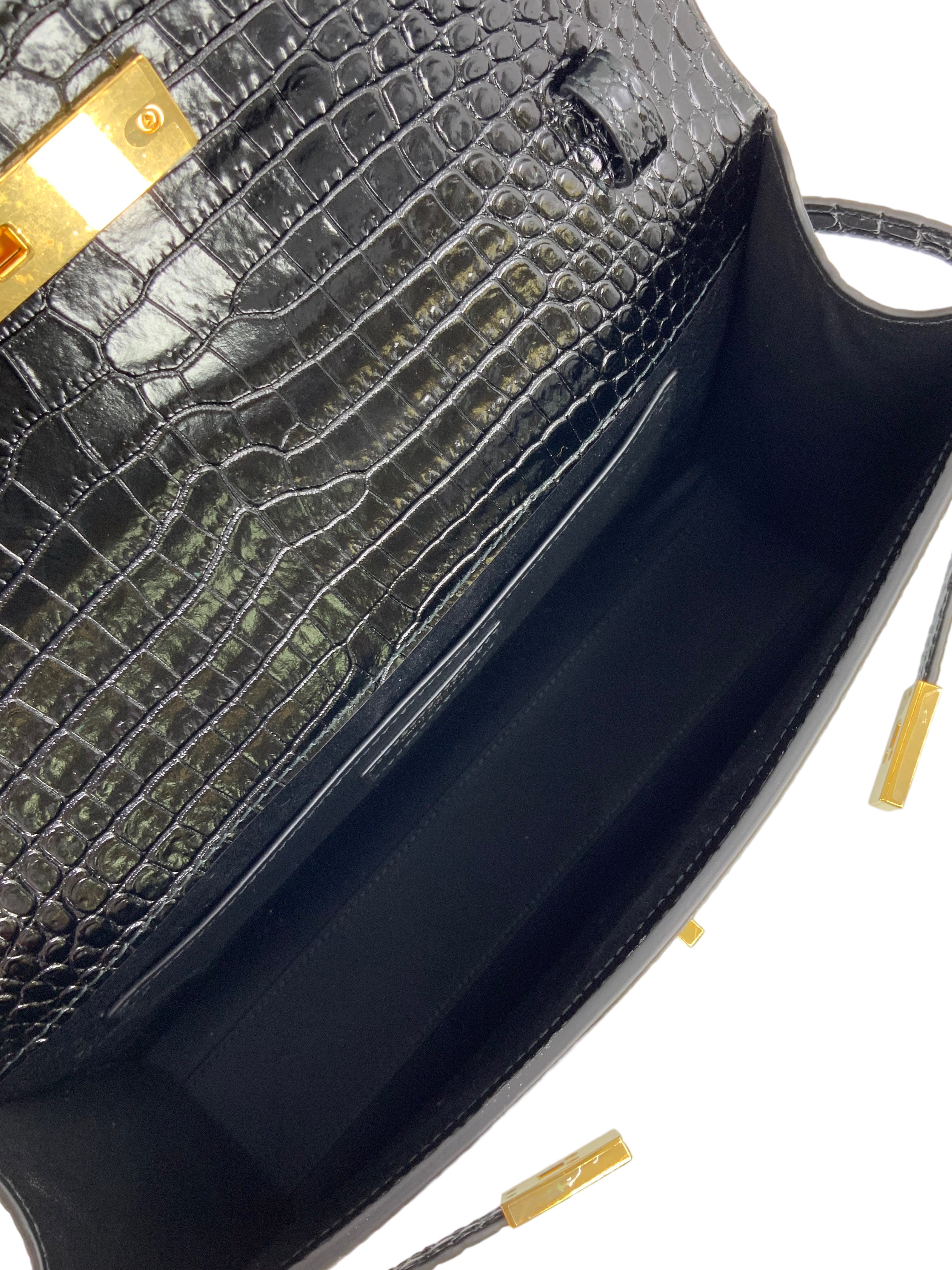 SAINT LAURENT Manhattan Crocodile Embossed Patent Leather Shoulder Bag for Women - Luxury Designer Handbag for Work, Travel & Evening Events