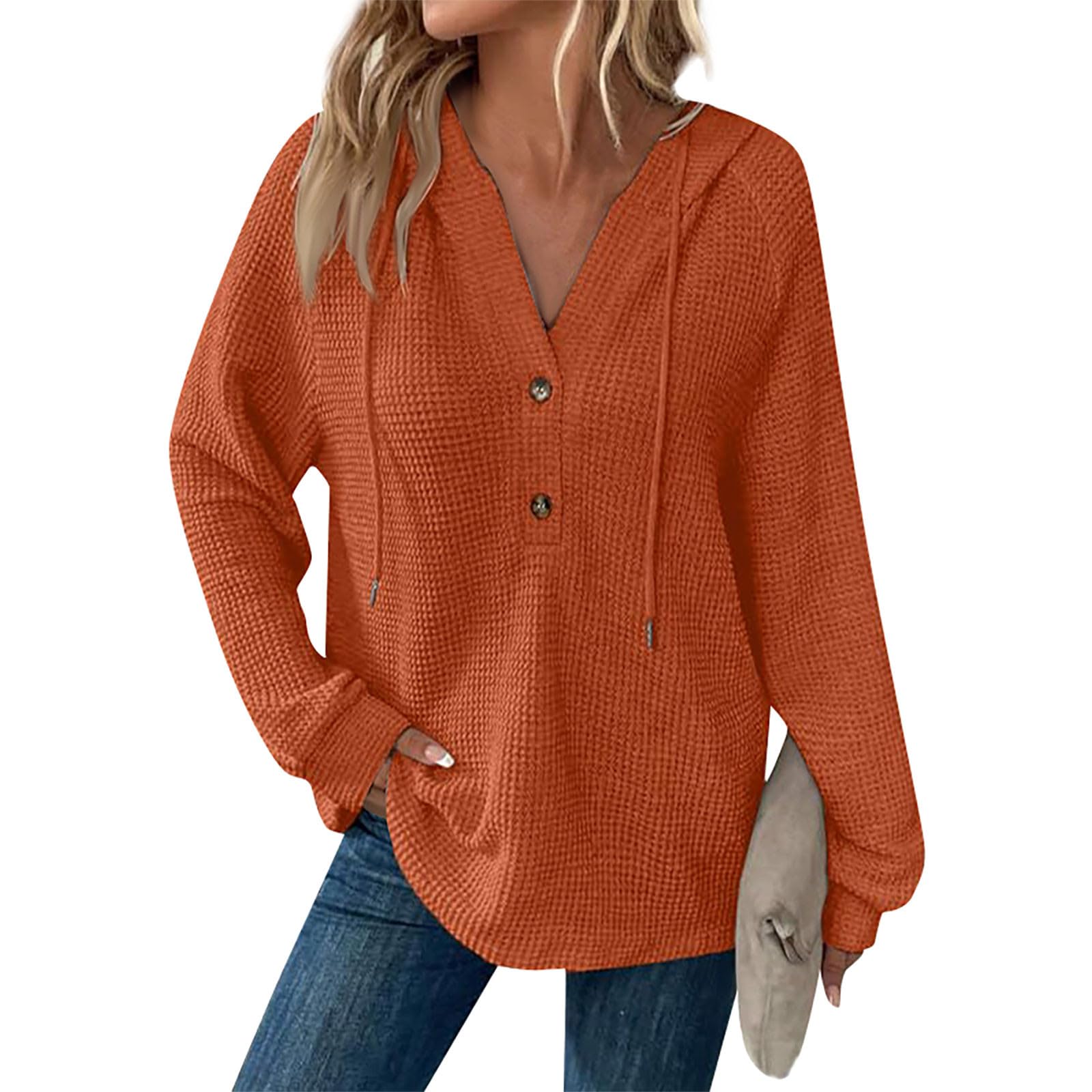 Women's Fall Hoodies - Soft Waffle Knit Raglan Long Sleeve Pullover Sweater with V-Neck & Button Down Design | Cozy Hooded Tunic for Casual Wear, Layering & Outdoor Activities