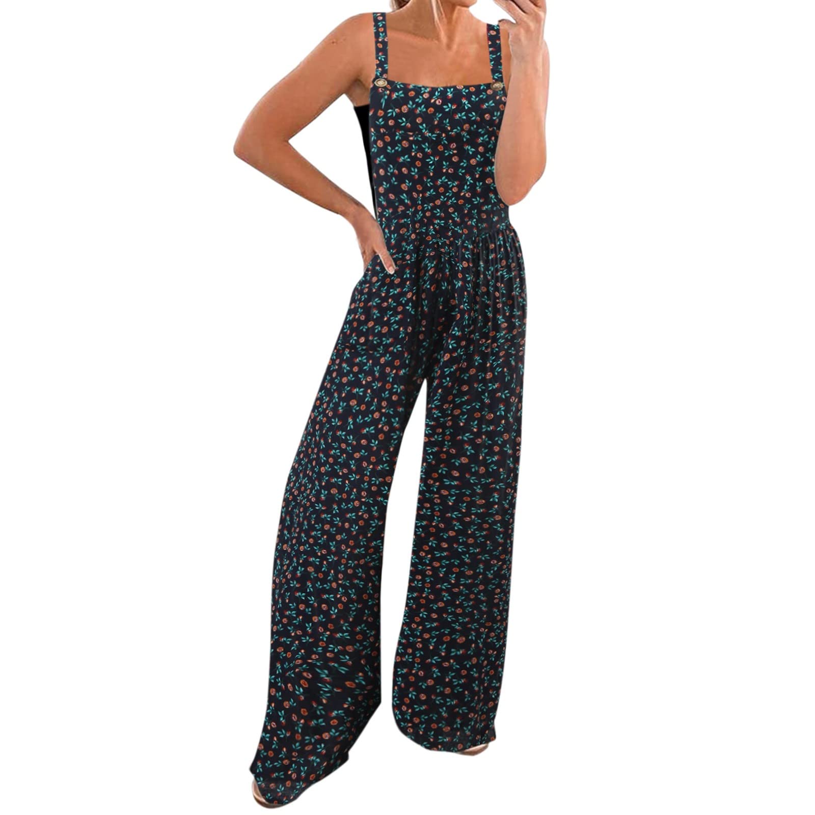 Women's Vintage Floral Print Casual Button-Up Jumpsuit - Long Pants Loose Fit Strap Spandex Romper for Summer Outings, Beach Vacations & Everyday Wear