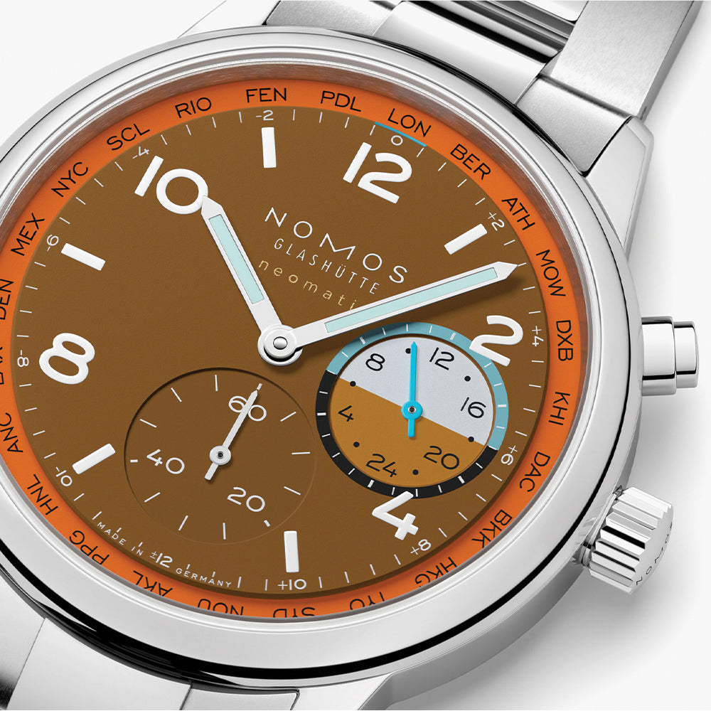 NOMOS Club Sport Neomatik Worldtimer Limited Edition 40mm Watch - Canyon Dial with Stainless Steel Bracelet | Luxury Travel & Business Timepiece