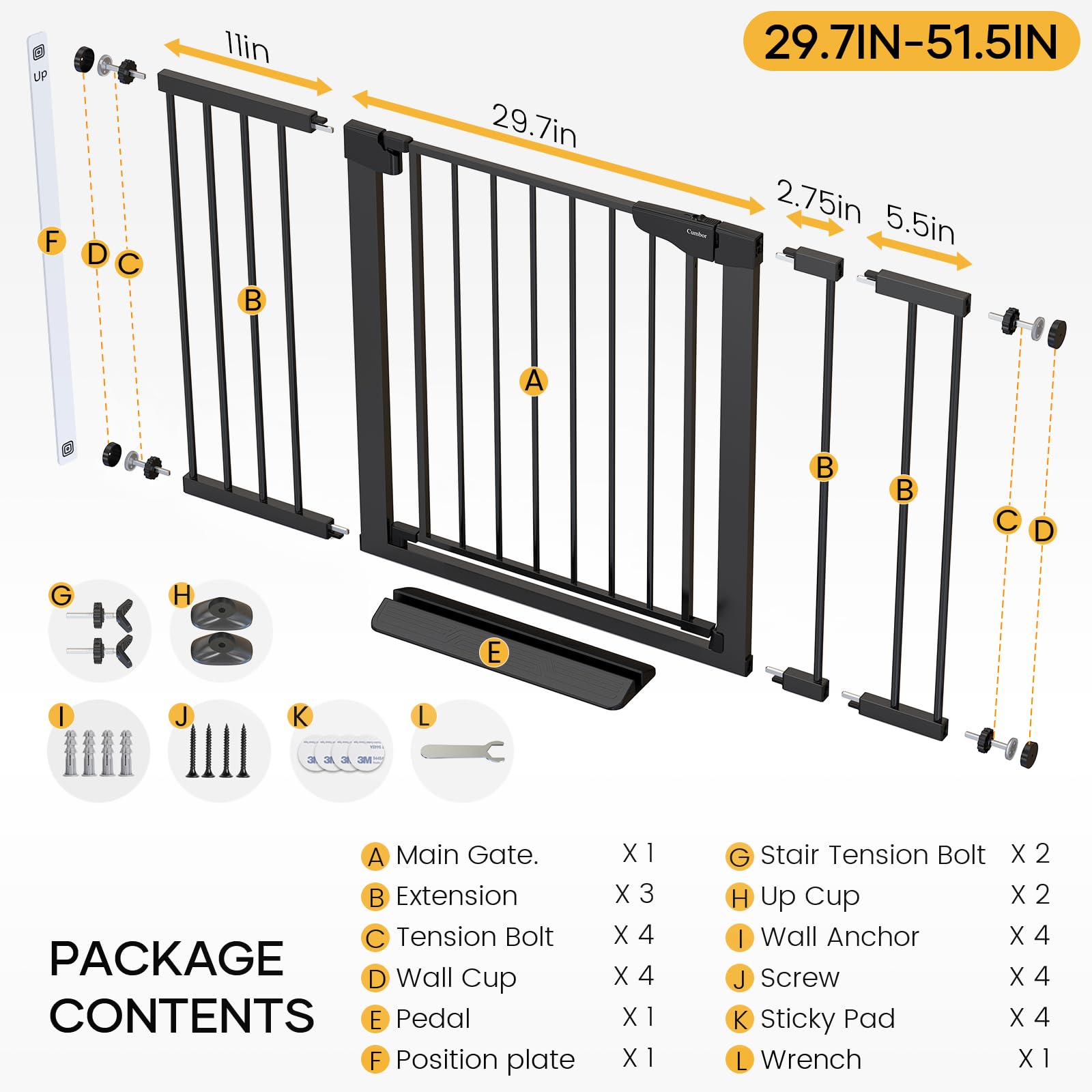 Cumbor 46 & 51.5-Inch Extra Wide Baby Gate with Auto Close - Walk Through Dog Gate for Home Safety, Stairs, and Doorways | Perfect for Childproofing and Pet Containment