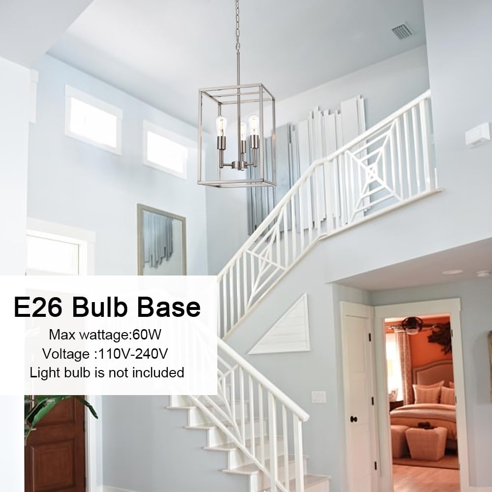 3-Light Brushed Nickel Chandelier - Industrial Pendant Lighting Fixture with Modern Metal Cage Design for Ceiling - Perfect for Foyer, Dining Room, Kitchen Island & Farmhouse Decor