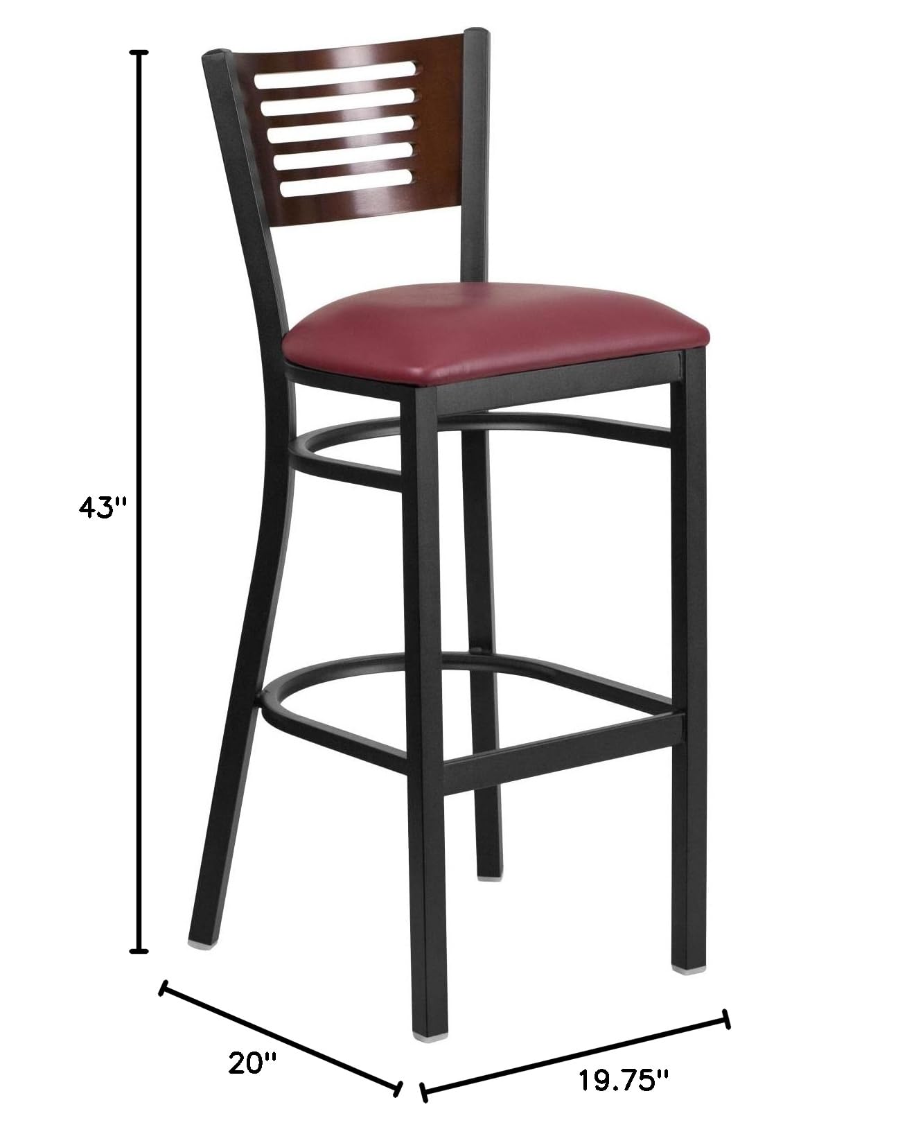 Flash Furniture HERCULES Series Black Slat Back Metal Bar Stool - Walnut Wood Back, Burgundy Vinyl Seat for Restaurant, Kitchen Island & Home Bar Use