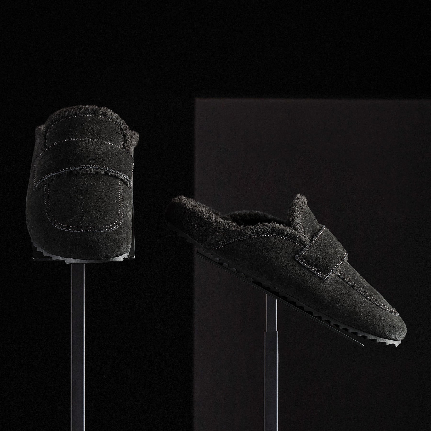 Women's Suede Shearling Loafers - Black/Black | Comfortable Slip-On Shoes for Casual Wear & Office Outfits