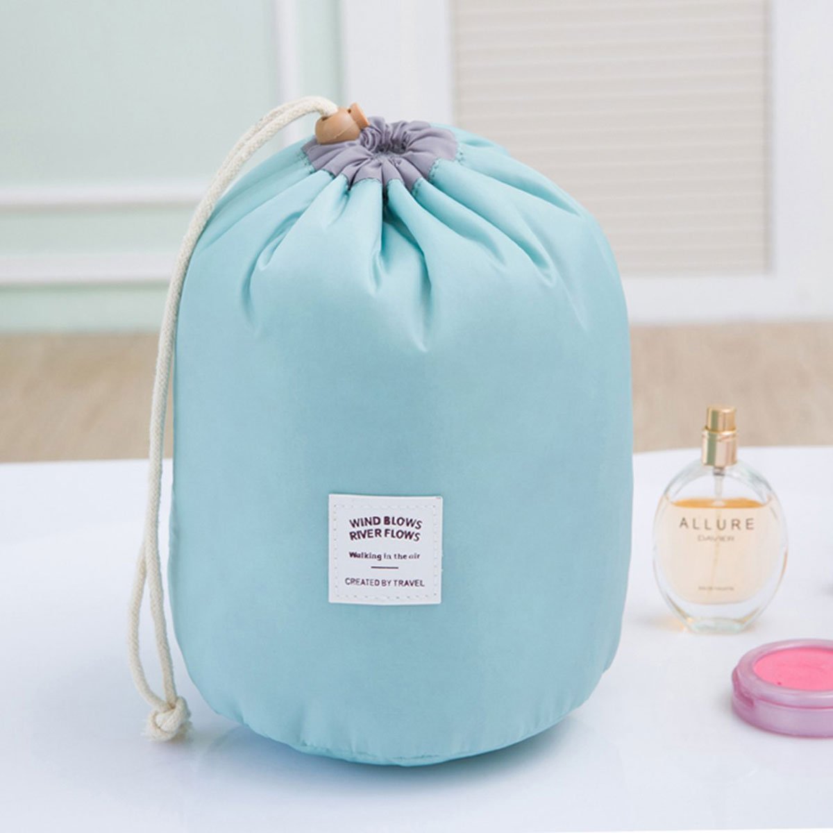 INVODA Large Waterproof Travel Makeup Bag for Women - Barrel Shaped Cosmetic Organizer with Drawstring, Soft Multifunctional Toiletry Pouch (Green) | Perfect for Vacation, Gym, Beach & Daily Essentials Storage
