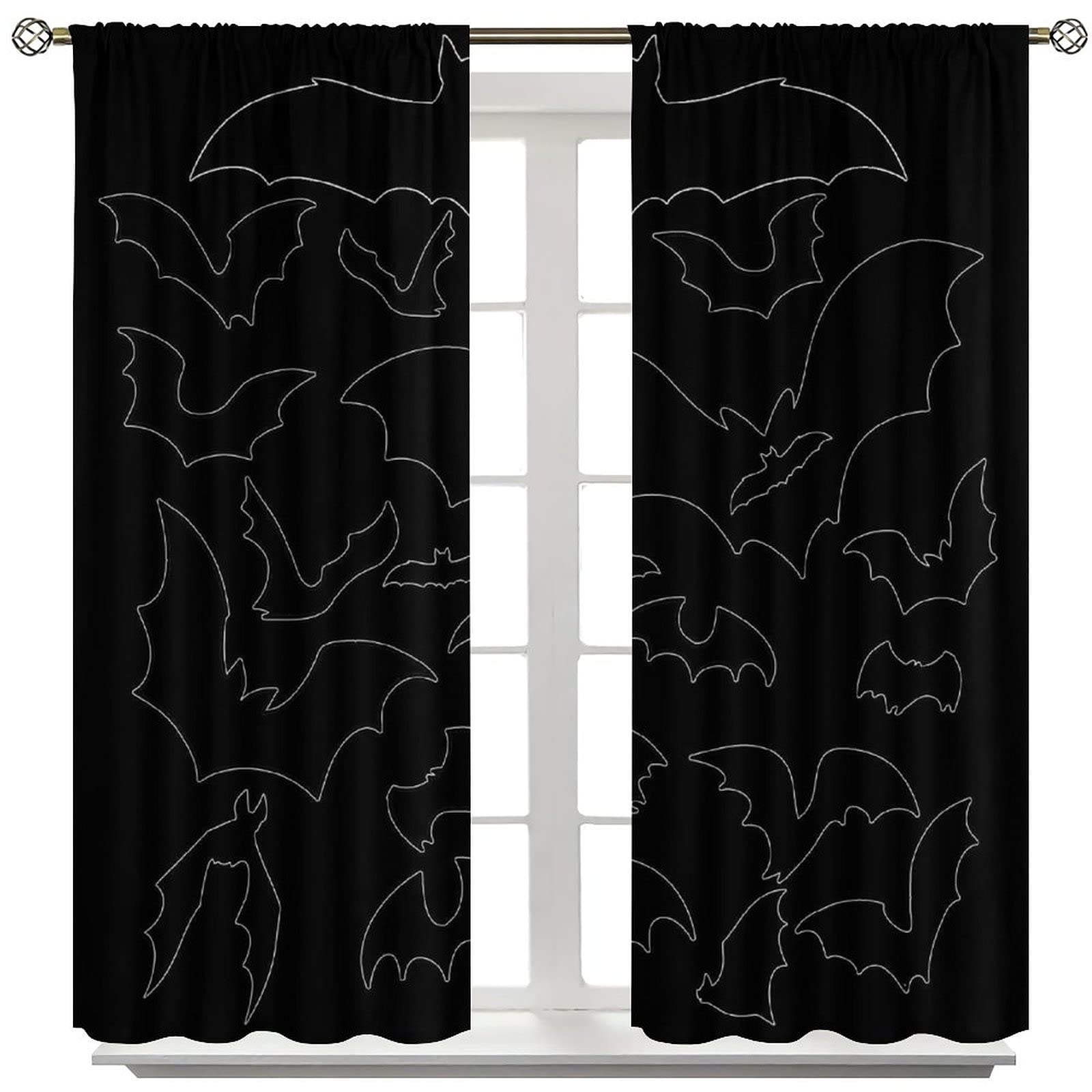 Blackout Curtains with Bats Halloween Pattern - Black & White Room Darkening Window Drapes, Rod Pocket Design (Set of 2 Panels) - Perfect for Bedroom, Kitchen, Bathroom, Wedding Party & Stage Decor - Blocks Light for Better Sleep & Privacy