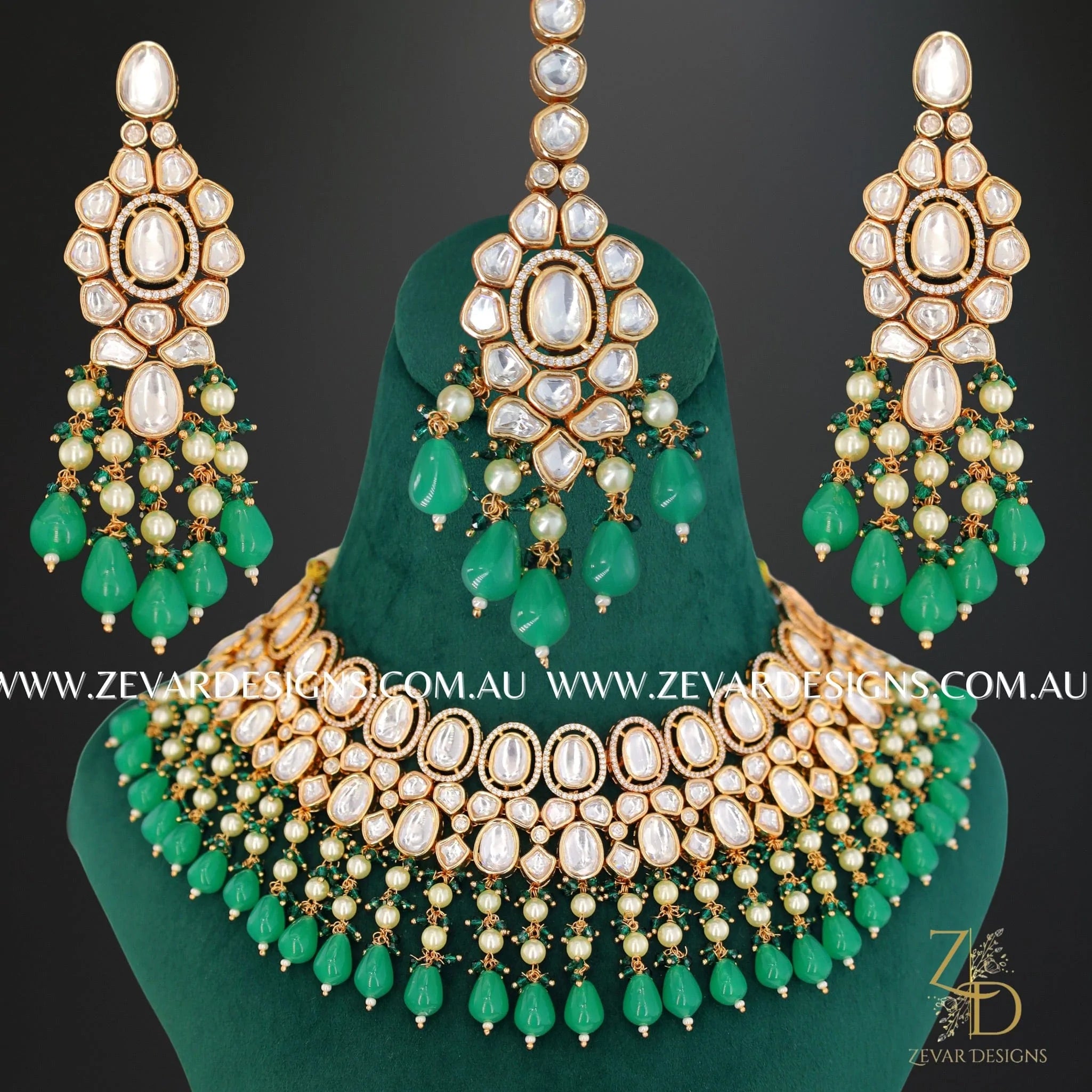Exquisite Kundan Polki AD Necklace Set with Tikka in Emerald Green for Weddings & Special Occasions | Indian Bridal Jewelry | Handcrafted Ethnic Necklace for Women
