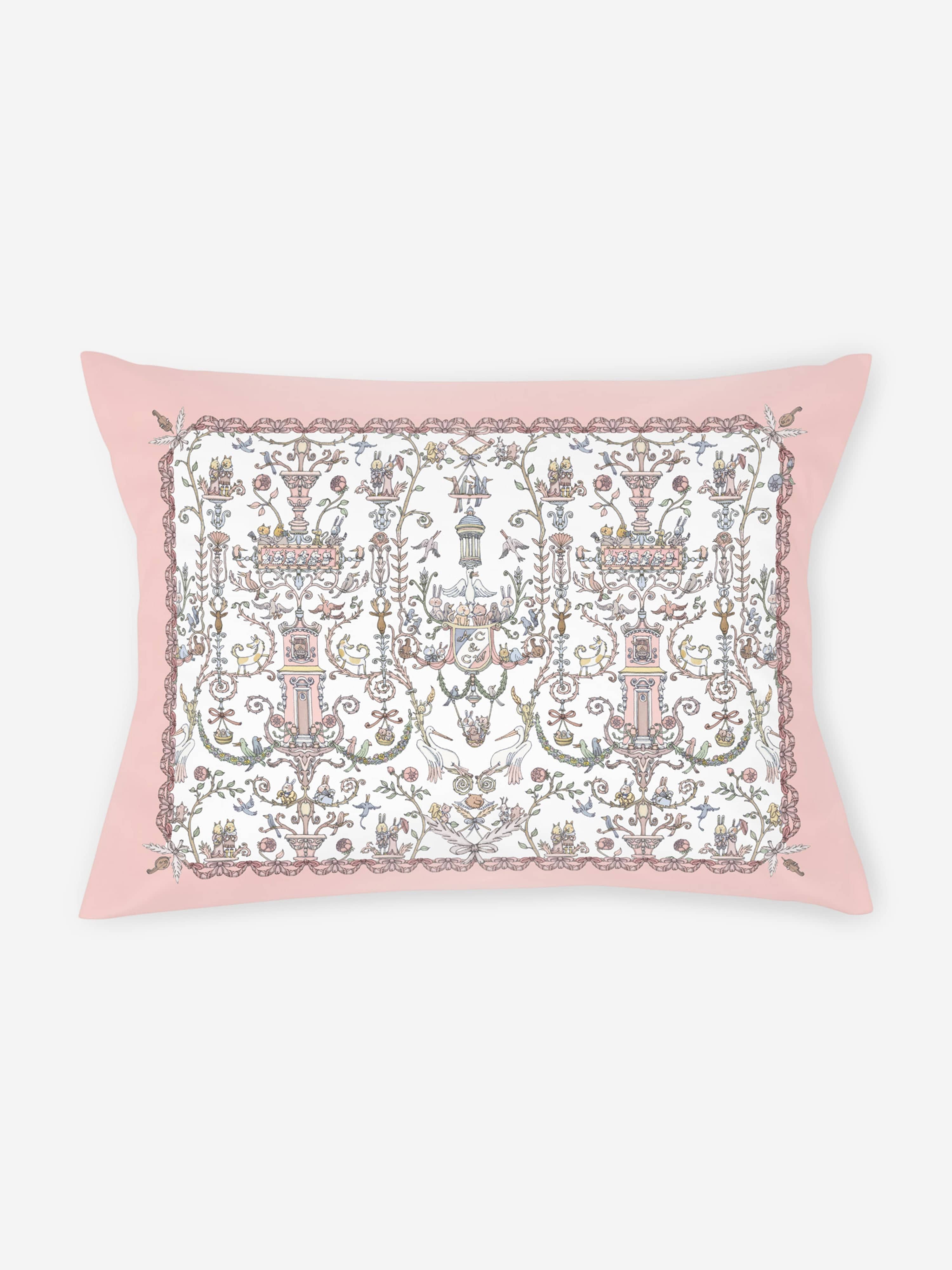 Atelier Choux & Caitlin Wilson Pink Satin Toile De Jouy Cushion Cover for Baby Girls - 40cm x 30cm - Perfect for Nursery Decor, Baby Showers & Gift Giving