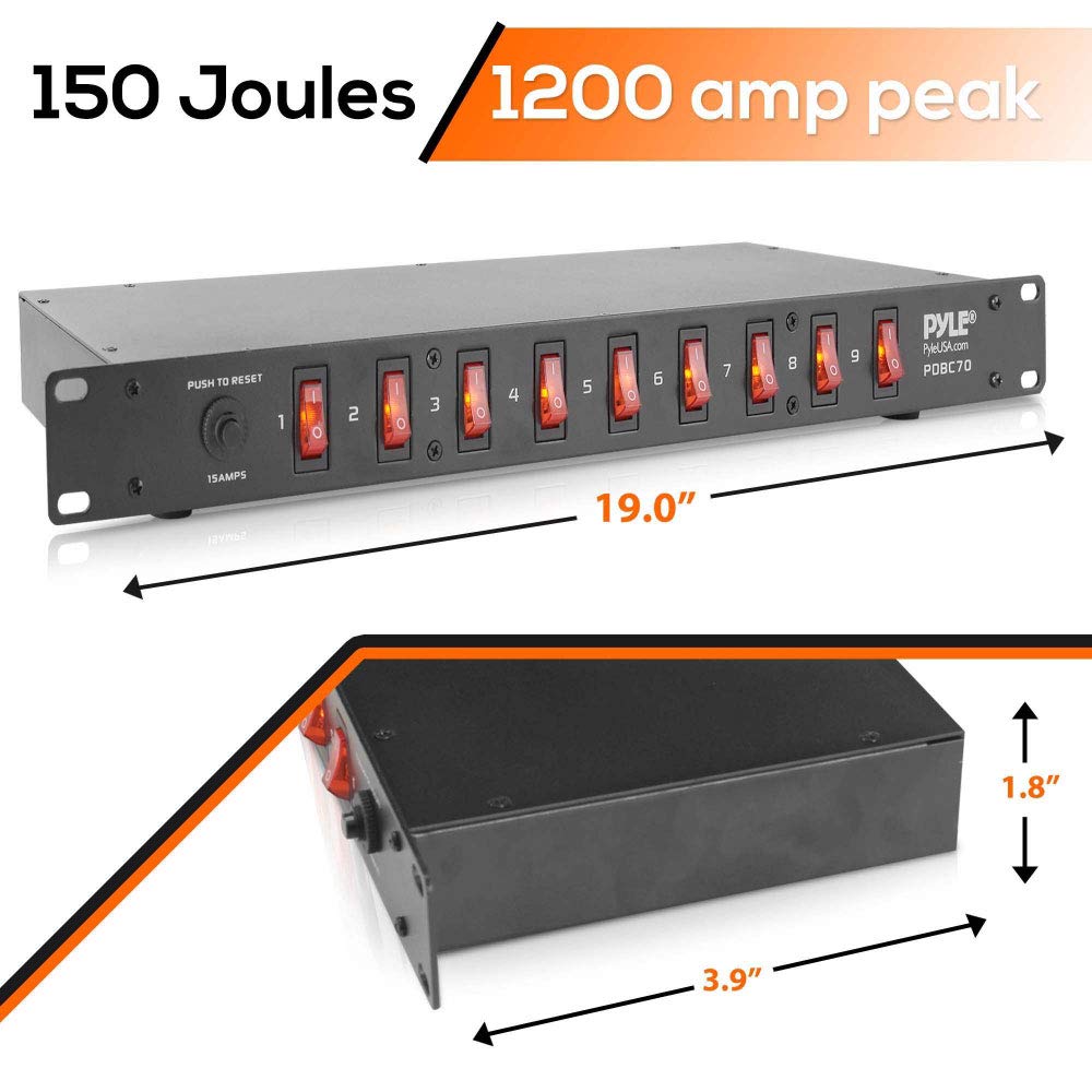 Pyle PDBC70 15 Amp 1800VA Rack Mount Power Strip with 9 Outlets, Surge Protector & AC Noise Filter - 2 Pack for Server Racks, Data Centers & Home Theater Setup