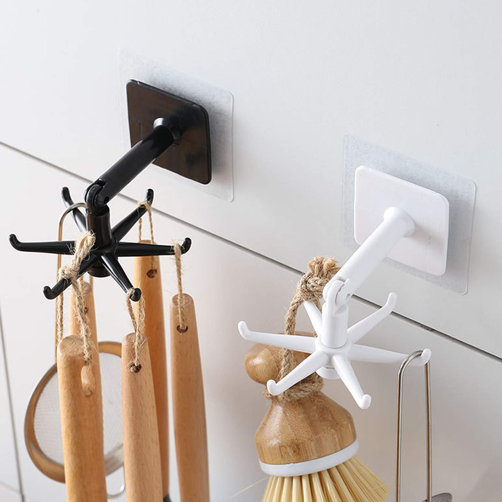 NQyIOS 360° Rotating Wall Hook - 2 Pack Black Kitchen & Bathroom Organizer - Perfect for Hanging Towels, Utensils, and Bar Accessories in Home, Dorm, or Office
