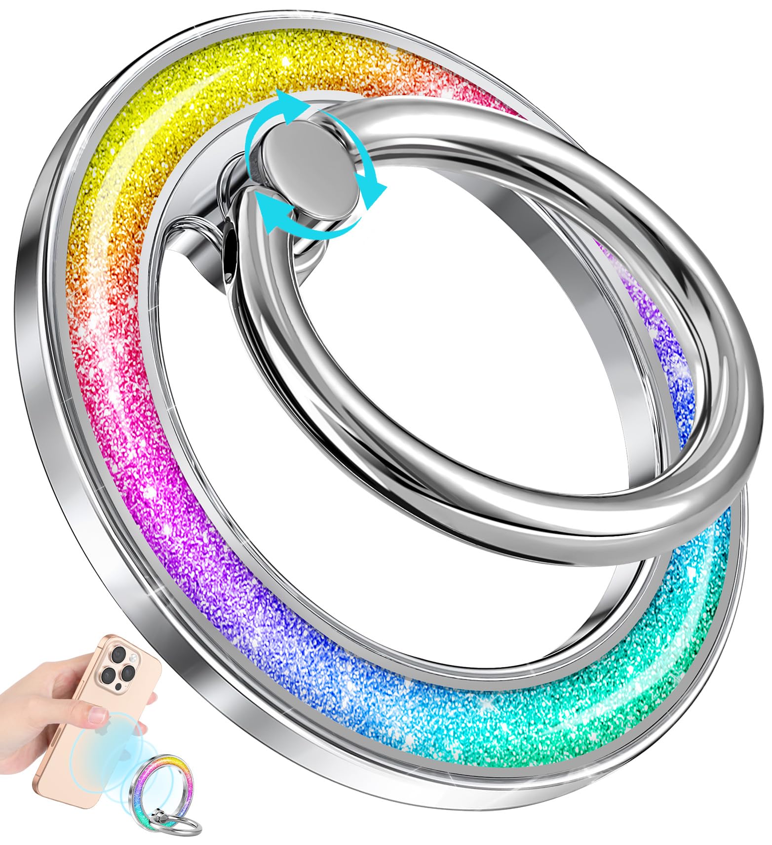 Magnetic Phone Ring Holder for iPhone 16/15/14/13 Pro Max Plus - MagSafe Compatible, Glitter Sparkle Grip Stand with Removable Finger Strap (Rainbow) - Perfect for Selfies, Videos & Hands-Free Use