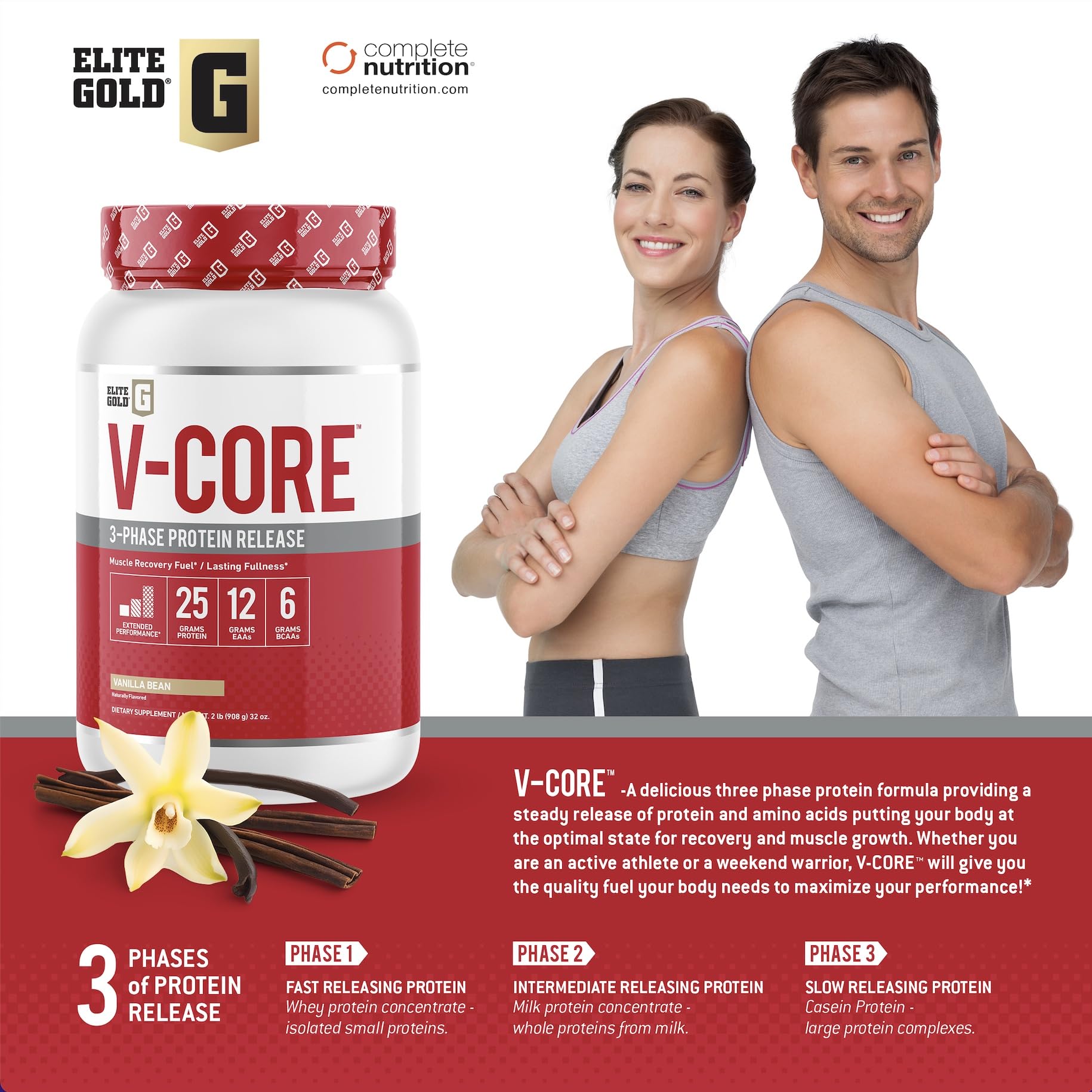 Premium V-Core Whey & Casein Protein Powder - Keto Friendly Vanilla Flavor, 25g Protein, 12g EAAs & 6g BCAAs per Serving - 2lb Tub (23 Servings) for Muscle Recovery & Weight Management - Ideal for Post-Workout, Meal Replacement & Low-Carb Diets