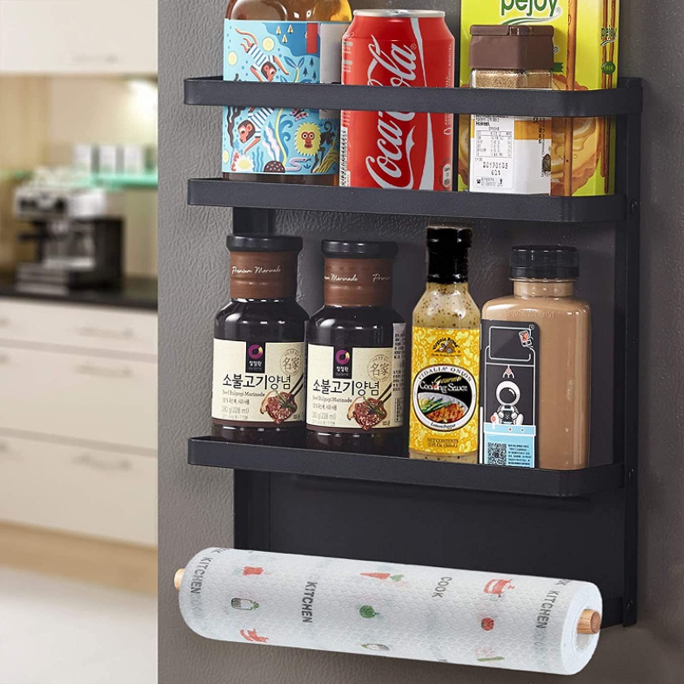 Magnetic Spice Rack for Refrigerator - Strong Magnetic Paper Towel Holder & Fridge Organizer - Kitchen Storage Shelf for Spices, Condiments & Utensils - Space Saving Black Organizer (Perfect for Small Kitchens, Dorms & RVs)