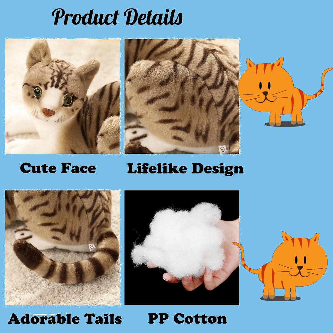 Realistic Yellow Tabby Cat Plush Toy - Lifelike Gray Kitten Stuffed Animal, 12.9 Inch American Shorthair Cat Doll - Perfect Gift for Kids, Christmas, Birthday & Home Decor - Cute Companion for Bedtime, Nursery & Playtime
