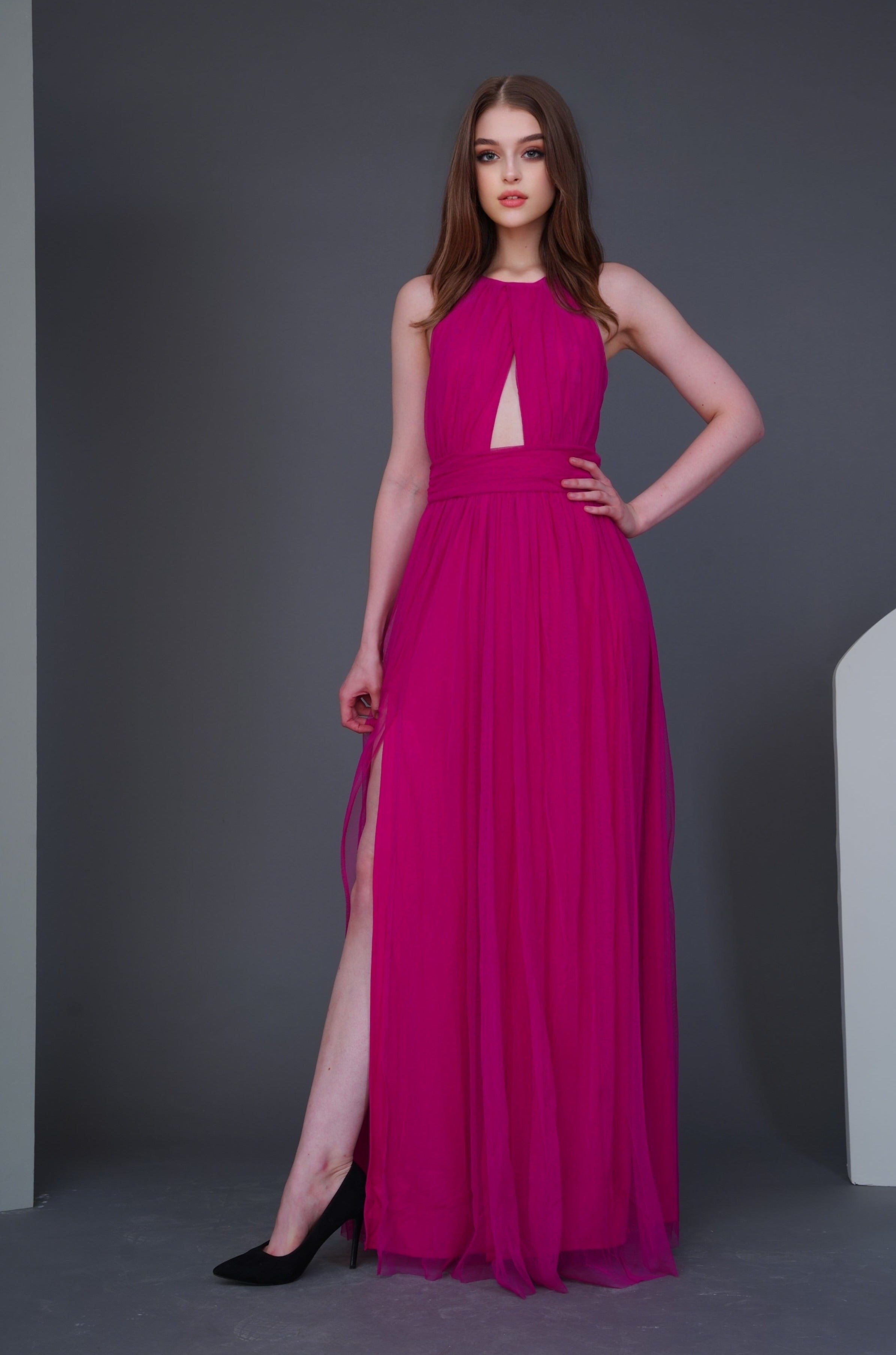 Alicia Women's Bright Pink Maxi Dress - Elegant Long Flowy Summer Dress for Beach, Wedding & Party Occasions