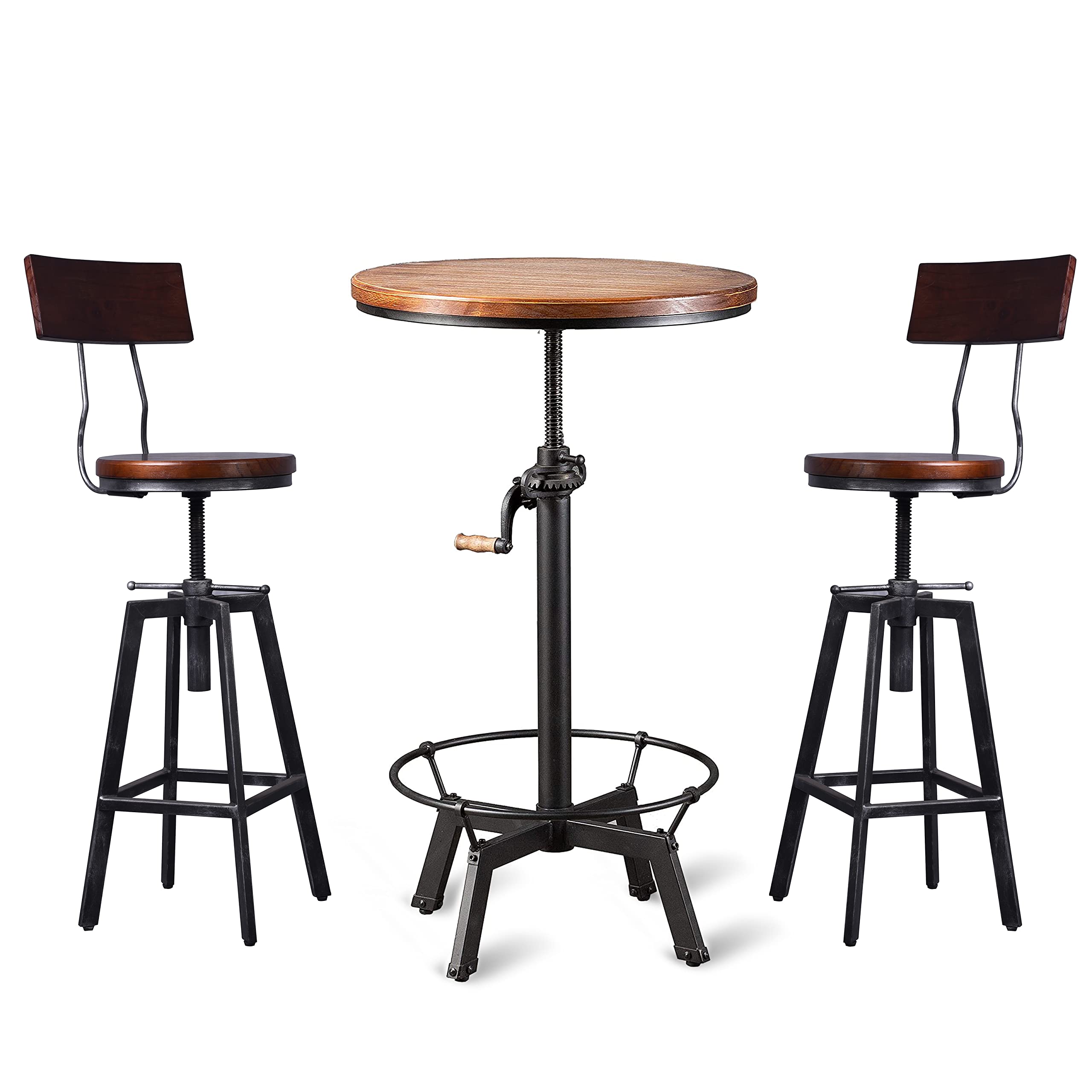 3-Piece Industrial Adjustable Bar Table Set with 2 Swivel Stools - Counter Height Dining Table for Kitchen, Pub & Bistro - Machinist Style Bar Table & Chairs for Home, Restaurant & Outdoor Use
