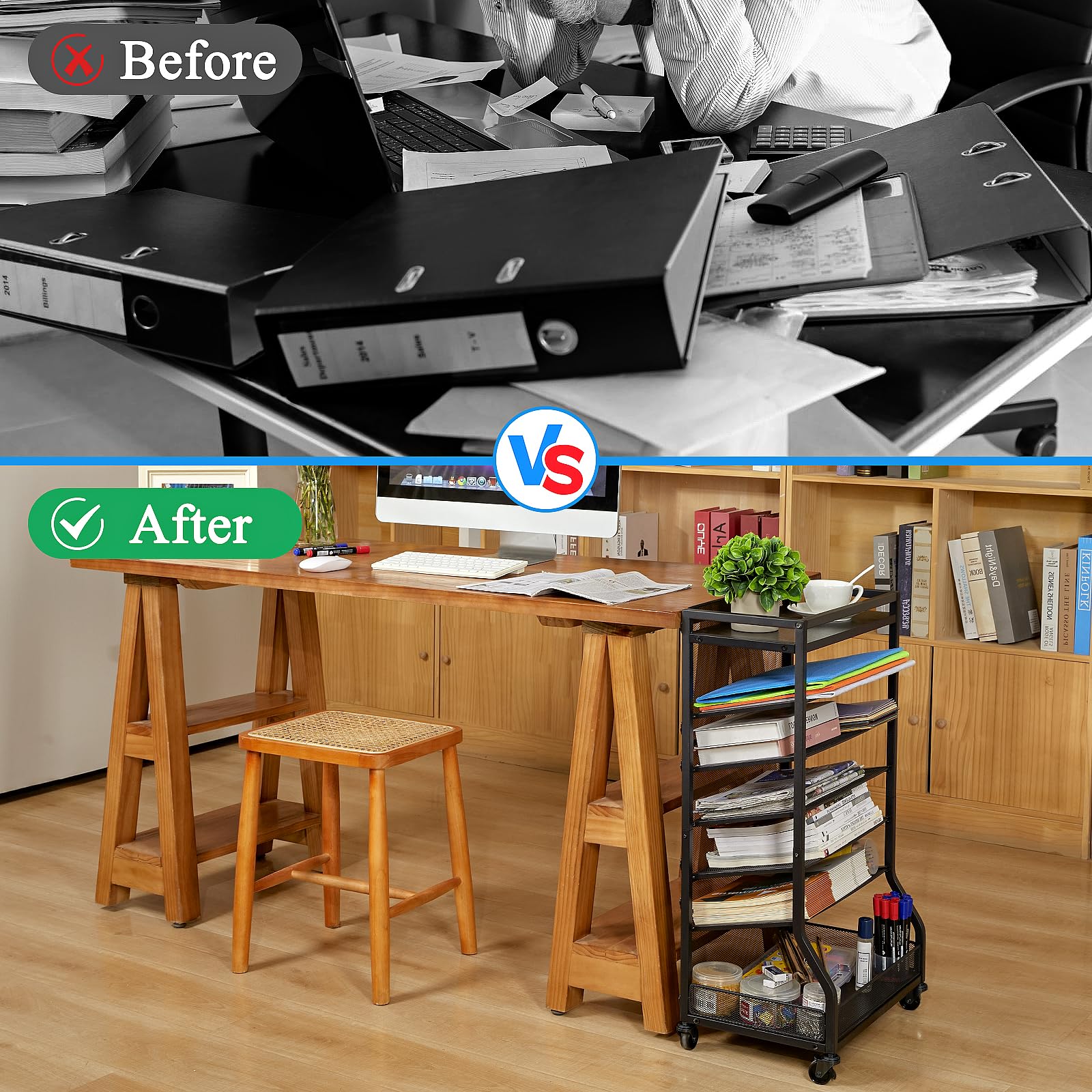 7-Tier Rolling File Cart with Sliding Trays - Wood & Metal File Organizer for Desk, Free-Standing File Holder & Paper Letter Tray - Mesh Desk Organizer for Home, Office & School (Patented) - Perfect for Document Storage, Office Organization & Workspace Efficiency