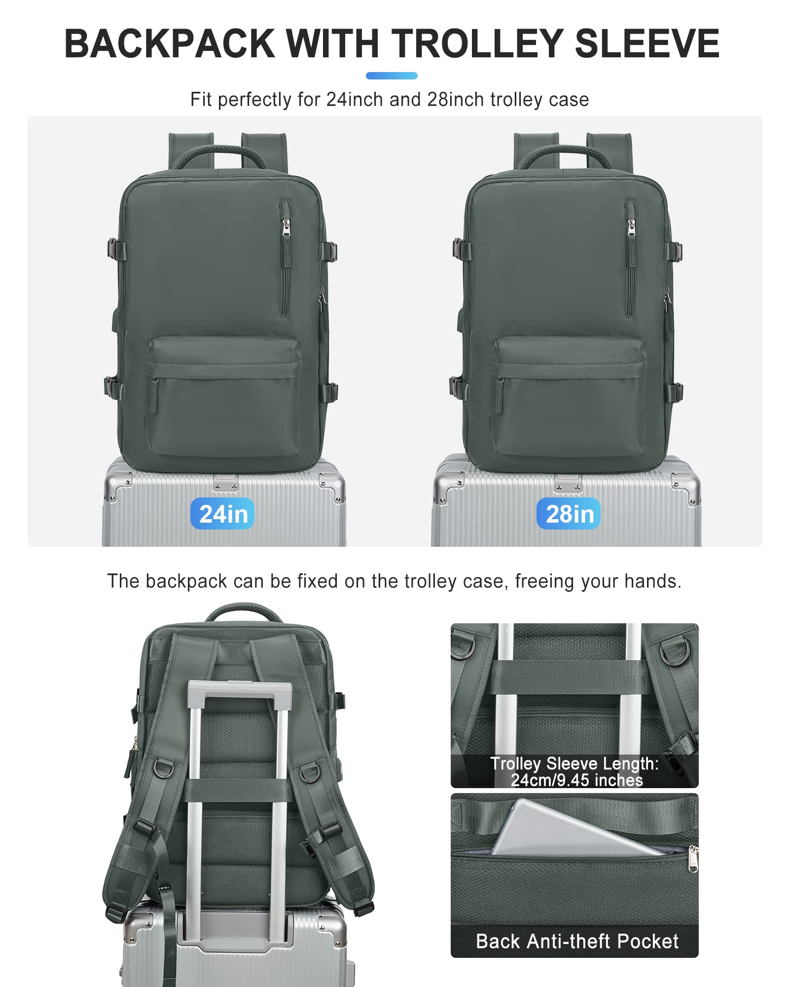 VGCUB Expandable Waterproof Travel Backpack for Women & Men - 17 Inch Laptop Compartment, Carry-On Approved, Business Work Bag, Mochila de Viaje, Green - Perfect for Commuting, Hiking, and Air Travel