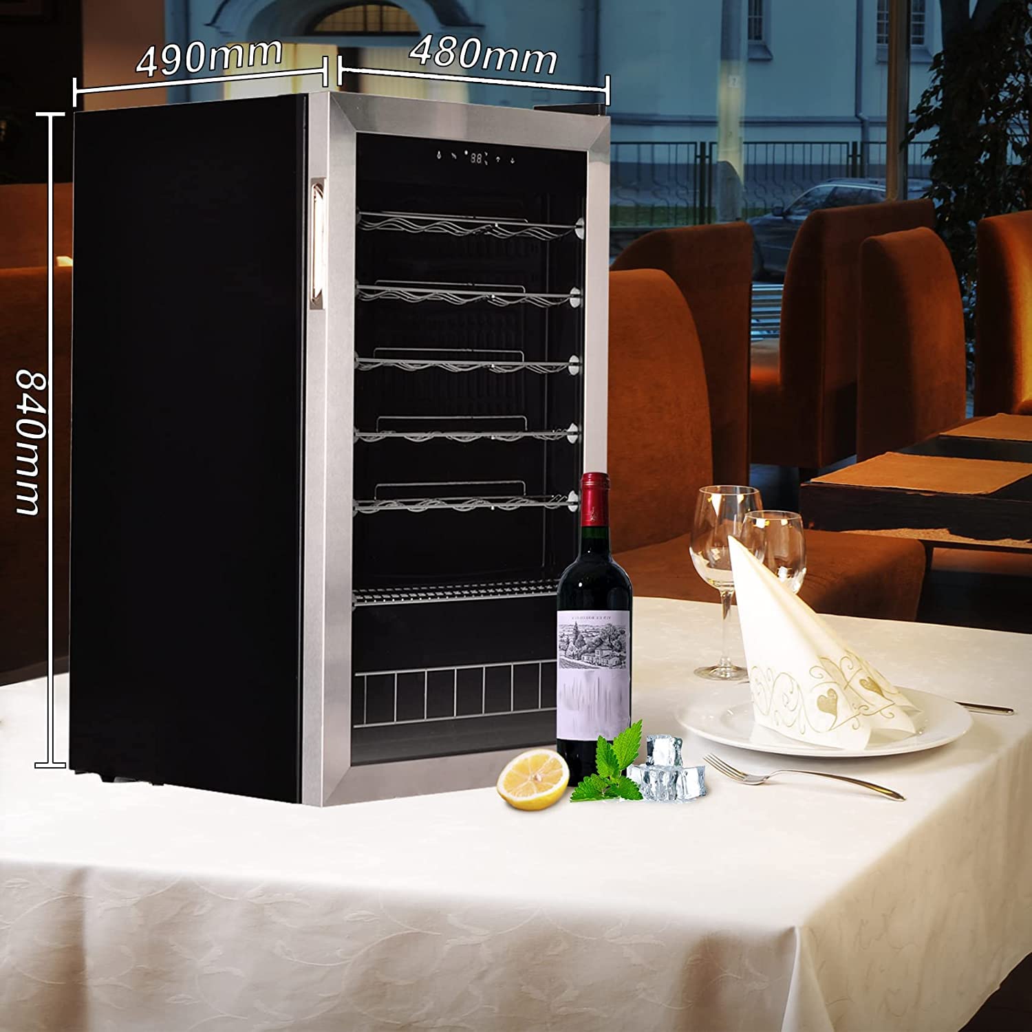 SMETA 33 Bottle Under Counter Wine Cooler - Stainless Steel Black Wine Fridge with Glass Door, Digital Touch Screen & LED Lights for Beer, Wine & Drinks (95L) - Perfect for Home Bars, Restaurants, and Wine Cellars