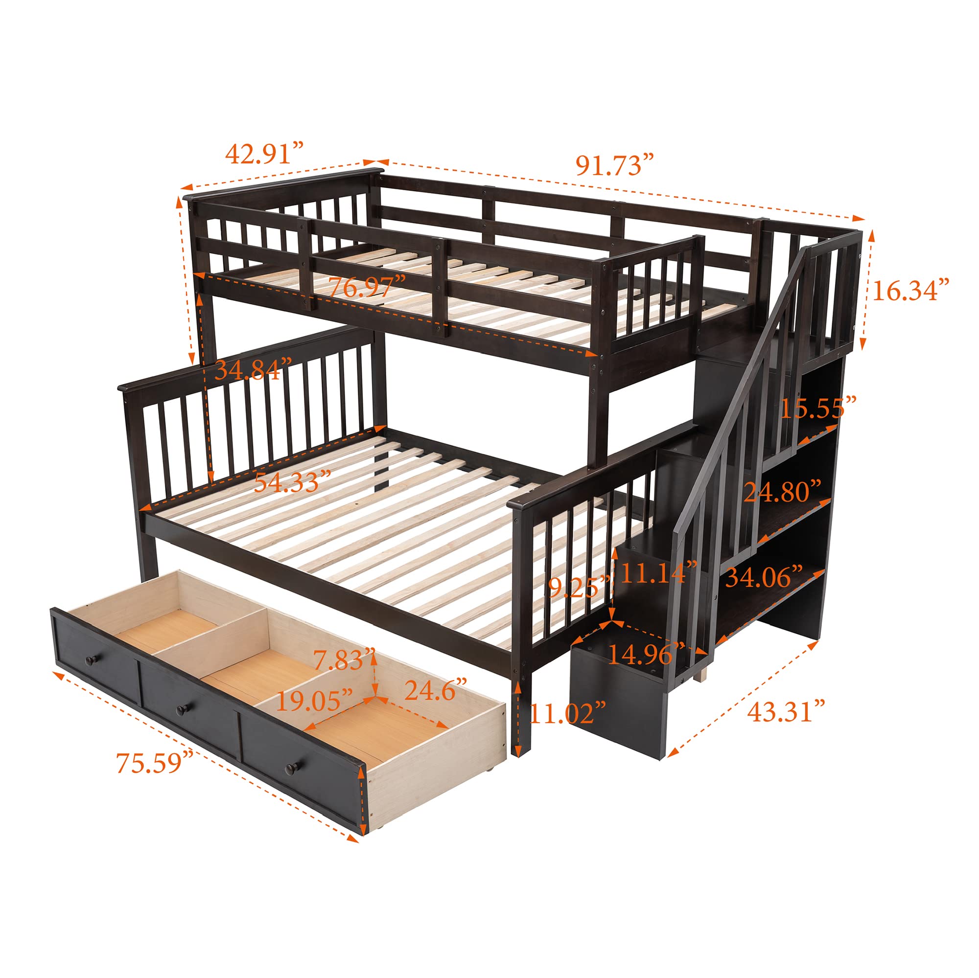 MERITLINE Twin Over Full Bunk Bed with Stairs - Solid Wood Bunk Bed Frame with Storage Drawers & Shelves, No Box Spring Required (Espresso Finish) - Perfect for Kids' Bedrooms, Guest Rooms & Space-Saving Solutions