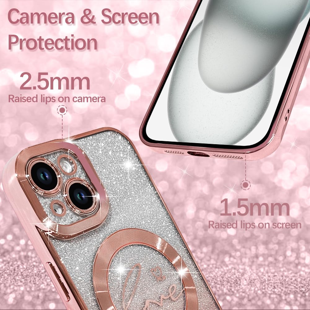 Magnetic Glitter Case for iPhone 15 - Luxury Gold Plated Heart Design, Magsafe Compatible Clear Protective Cover with Camera Protector, Shockproof Slim Phone Case for Women & Girls (Pink) - Perfect for Everyday Use, Dating, Parties & Gift Giving