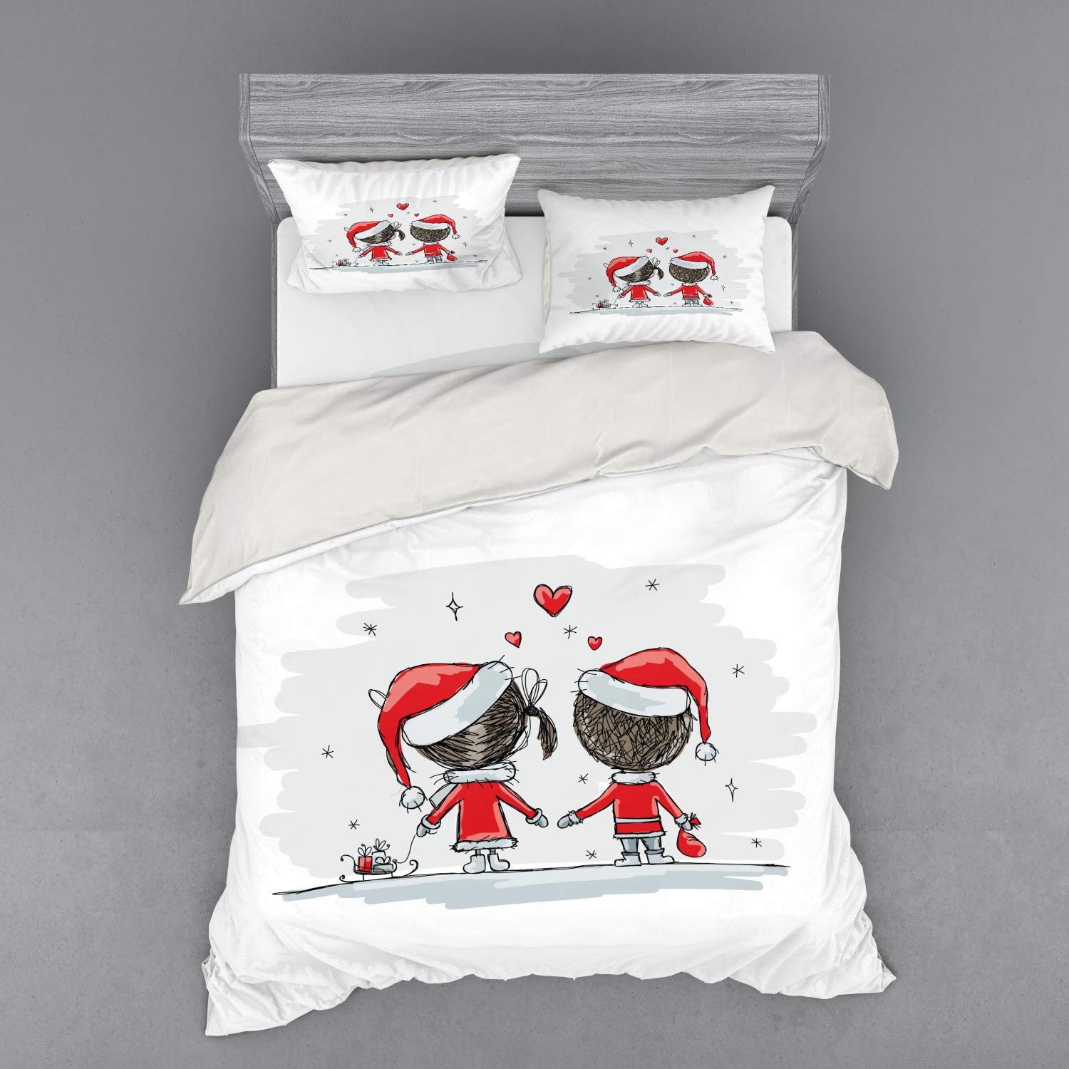 Ambesonne Christmas Duvet Cover Set - Santa Costume Family Romance Winter Night Print, 4-Piece Bedding Set with Shams & Fitted Sheet, Queen Size, Red & White | Cozy Holiday Decor for Bedroom, Perfect Gift for Couples