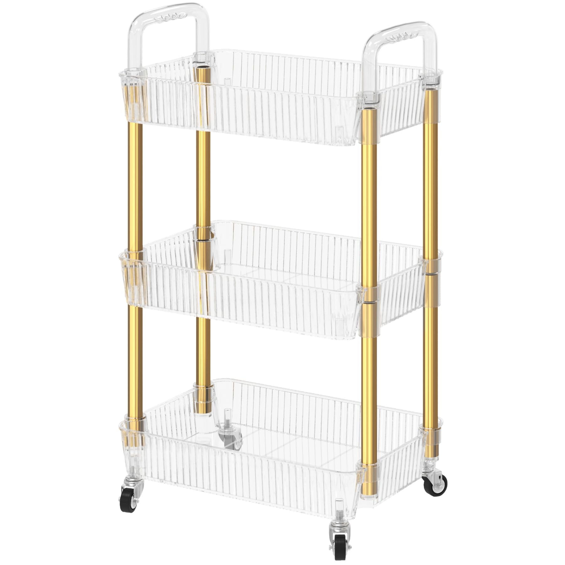 3-Tier Rolling Cart with Wheels - Sturdy Metal & PET Makeup Organizer, Snack Caddy for Kitchen, Bathroom, Office & Living Room - Golden Mobile Storage Cart for Beauty Products, Books & Home Essentials