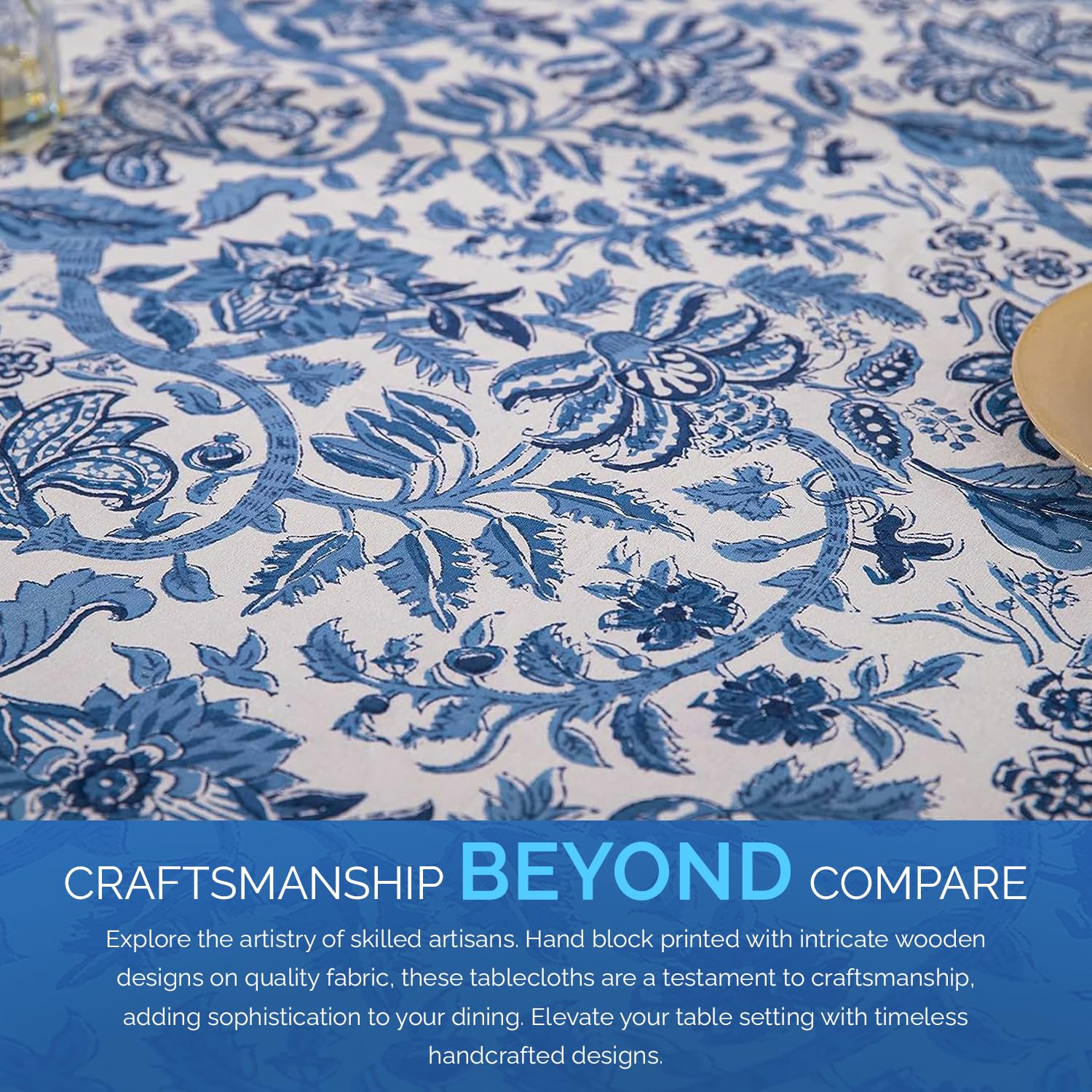 Handblock Printed Indian Cotton Tablecloth 72x135 Inch – Floral Country Style Rectangular Dining Table Cover for 10-Seater | Blue Spring Easter Bridal Party Baby Shower Decoration | Perfect for Weddings, Holiday Dinners & Special Occasions