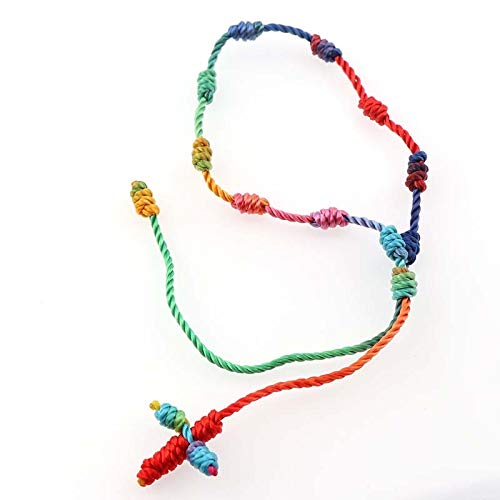 Handmade Multicolor Rope Knotted Cross Rosary Bracelets - 12 Pack Religious Gifts for Women & Men, Perfect for Prayer, Baptism, First Communion & Everyday Faith Jewelry