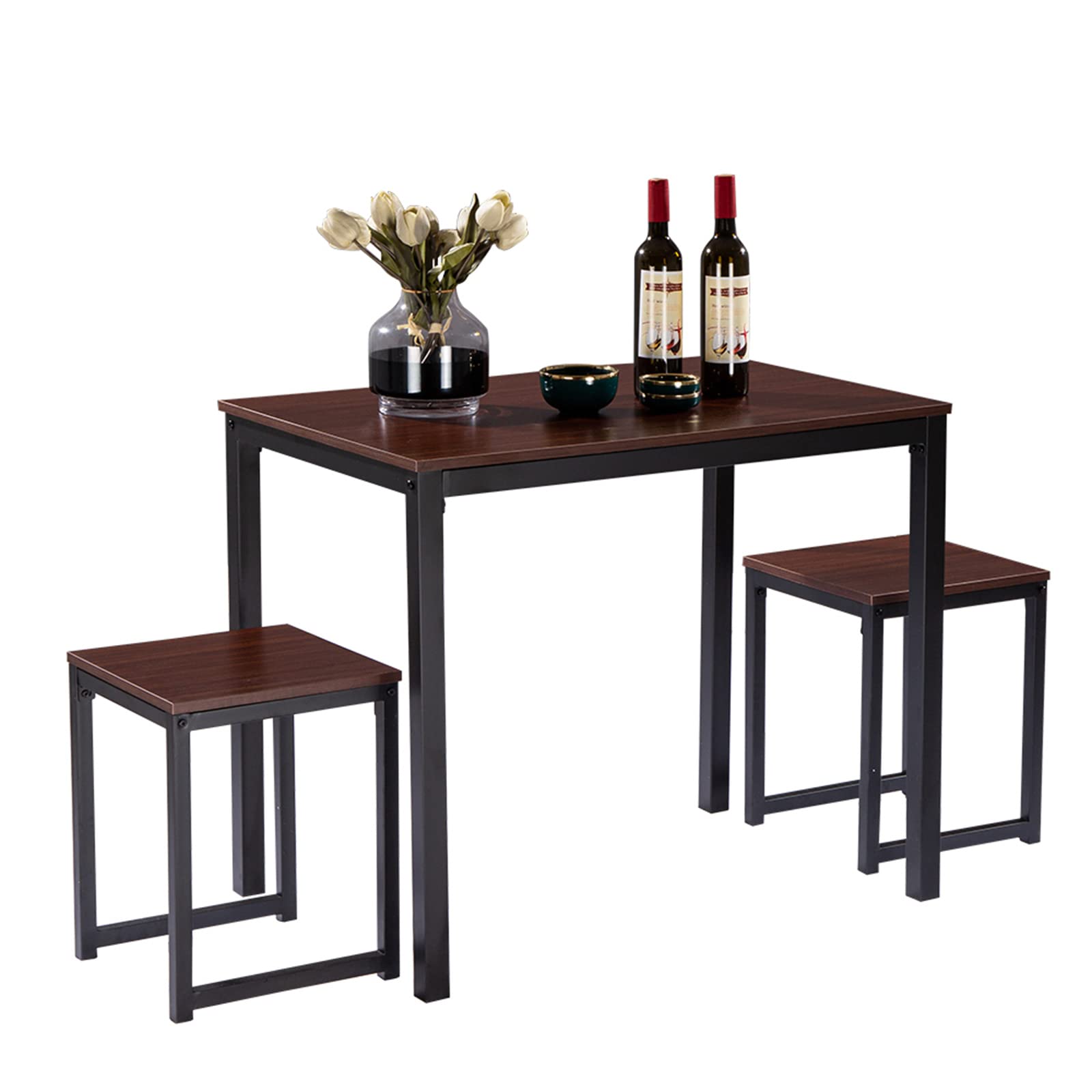 Compact Round Kitchen Table Set for 2 - 3 Piece Small Space Dining Set with 2 Chairs, Breakfast Nook Table & Wine Rack - Perfect for Apartments, Tiny Homes & Cozy Breakfast Nooks (Walnut)