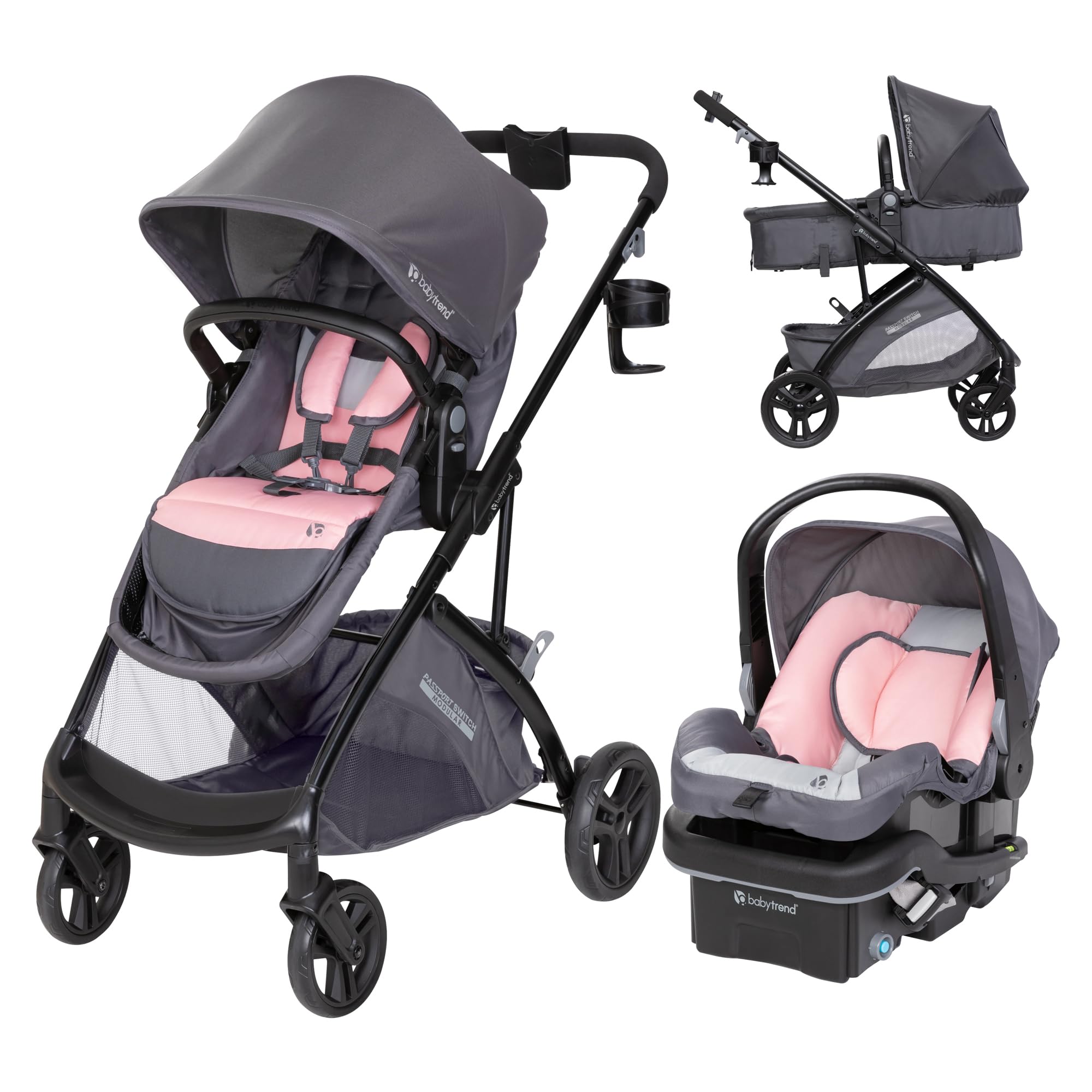 Baby Trend Passport® Switch 6-in-1 Modular Stroller Travel System with EZ-Lift™ PLUS Infant Car Seat - Dash Pink | Convertible Stroller for Newborn to Toddler | Perfect for Travel, Shopping & Daily Outings