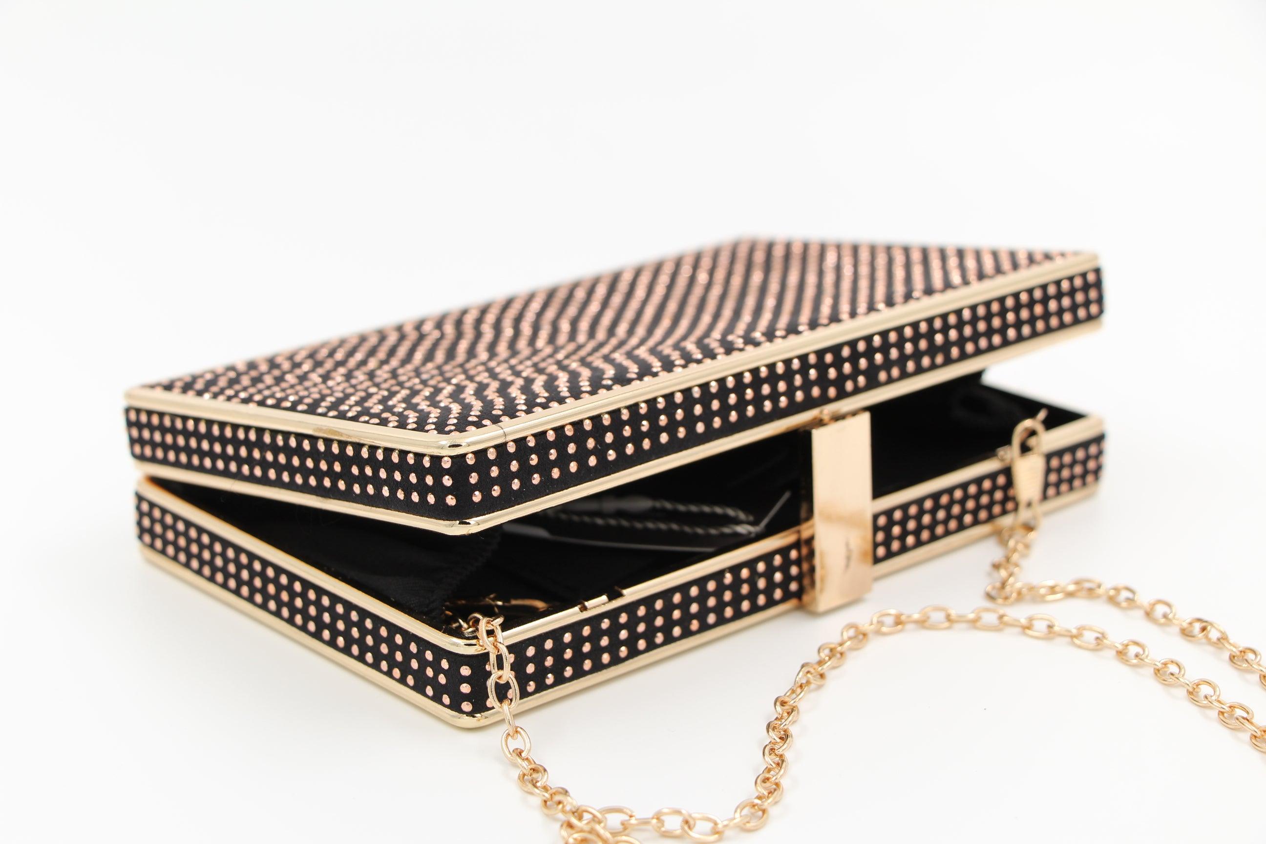 PEPE MOLL Black Suede Rhinestone Box Clutch - Elegant Evening Bag for Parties, Weddings & Special Occasions