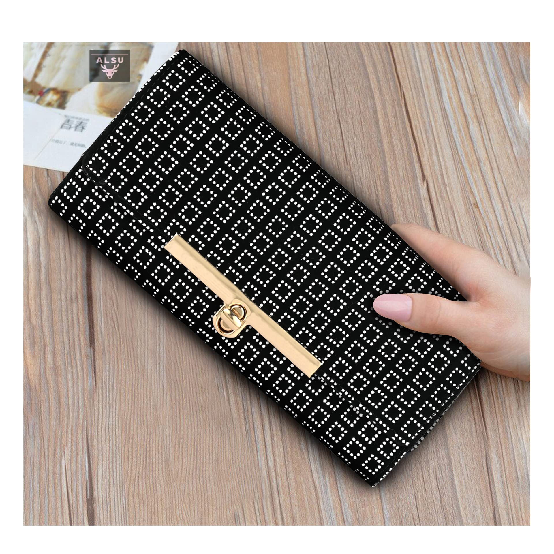 ALSU Women's Black Leather Hand Clutch Wallet Purse - Slim RFID Blocking Evening Bag for Parties, Weddings & Date Nights (LDU-012BW)