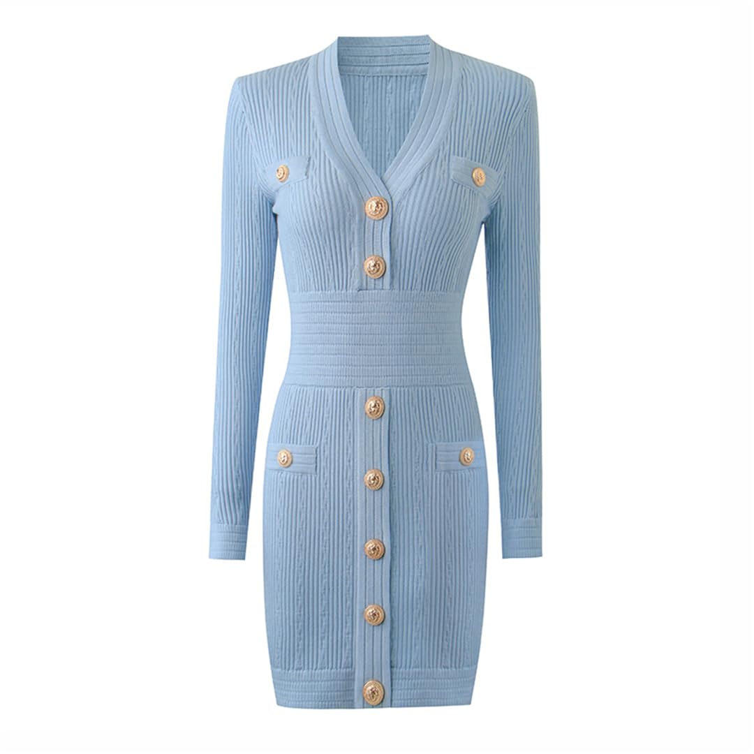 Women's Autumn Long Sleeve Knitted Dress - V-Neck Sheath Mini Dress in 4 Colors | Casual Fall Outfit for Work, Date Night & Weekend Wear