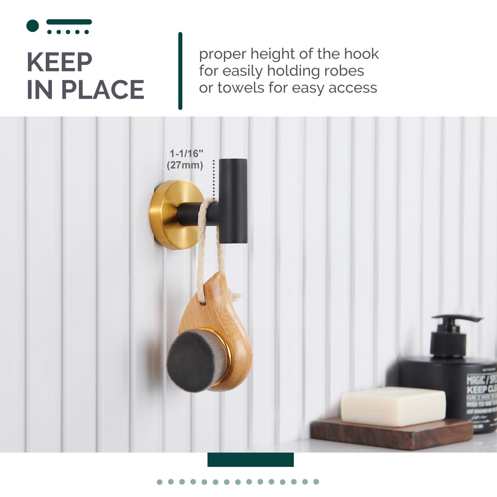 Round Single Towel Hook with Matching Towel Ring Set - Black & Gold Bathroom Accessories for Hanging Towels, Robes & Decor