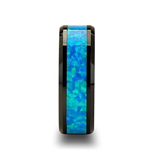 Blue & Green Opal Inlaid Black Ceramic Ring - 8mm Wide Wedding Band for Men & Women - Perfect for Engagement, Anniversary, and Everyday Wear