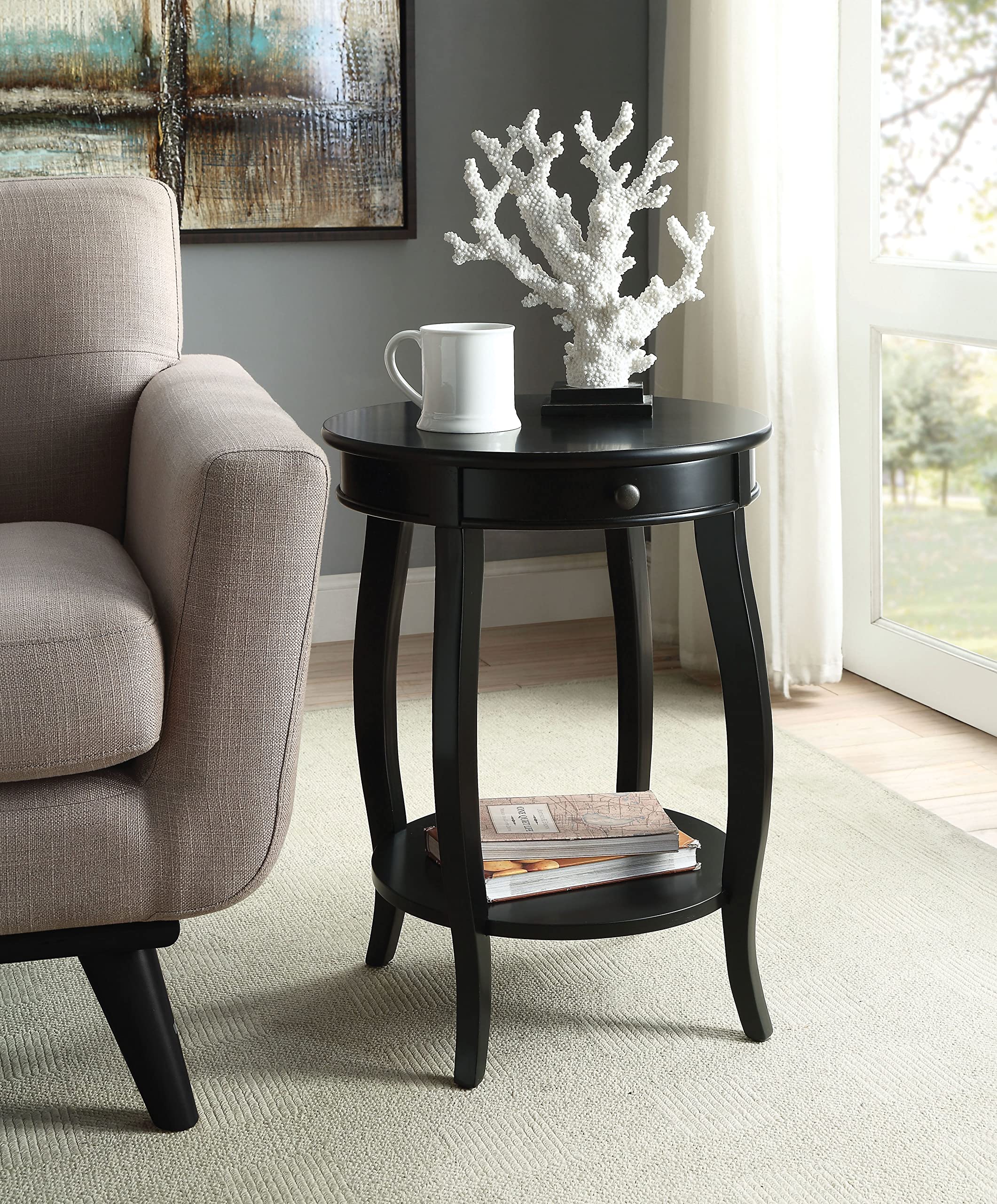 Black Round Wooden End Table with Drawer - Simple Relax Side Table for Living Room, Bedroom, or Office - Sturdy Nightstand with Storage Space